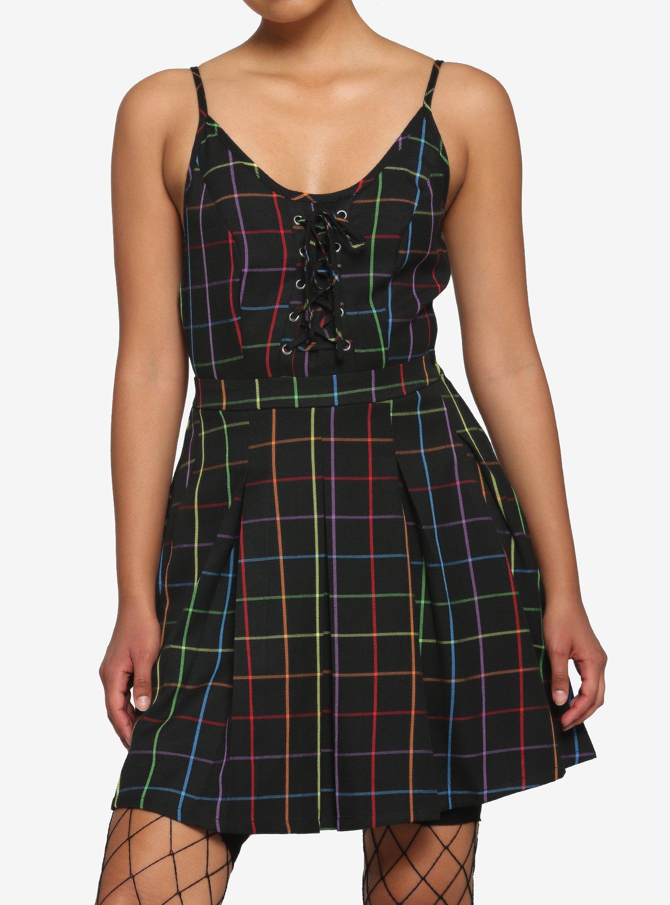 hot topic skater dress Rainbow Grid Lace-Up Dress