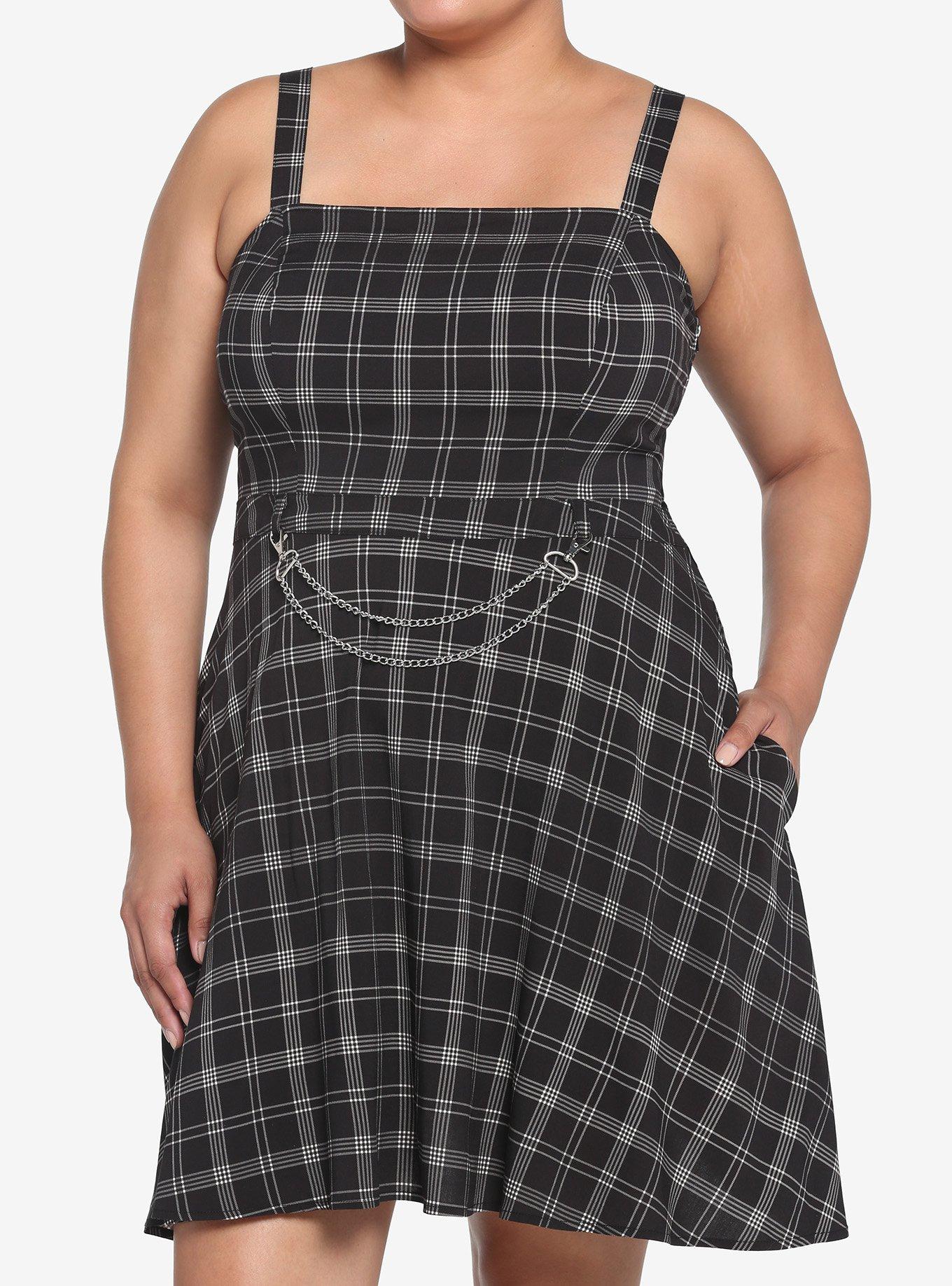 Black & White Plaid Chain Skater Dress Plus Size, PLAID - WHITE, hi-res