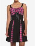 Pink Plaid & Black Lace-Up Dress, PLAID - PINK, hi-res