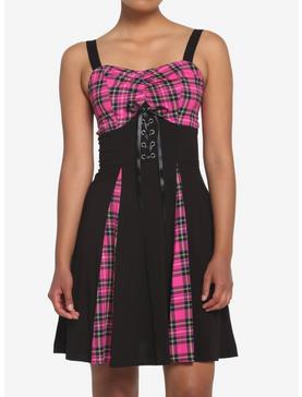 Pink Plaid & Black Lace-Up Dress, , hi-res