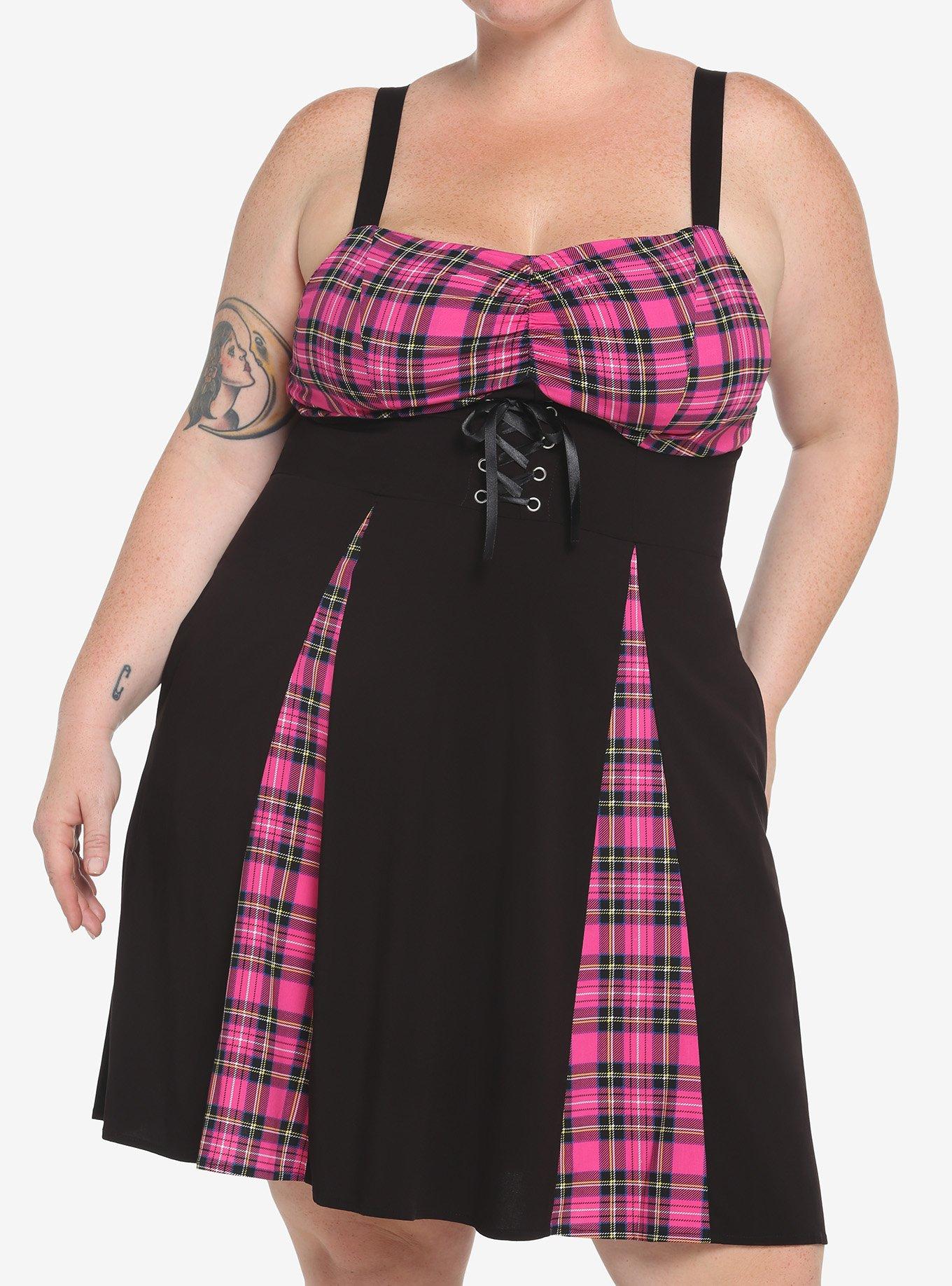 Pink Plaid & Black Lace-Up Dress Plus Size, PLAID - PINK, hi-res