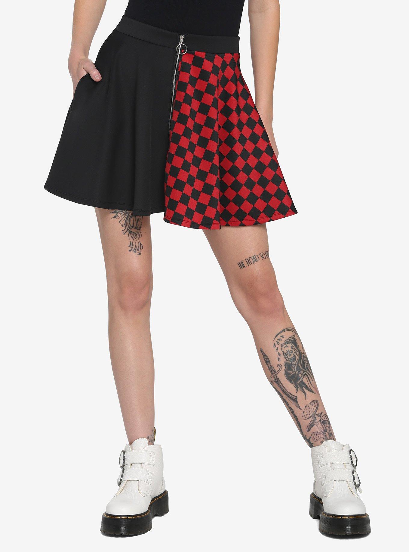 Black & Red Checkered Split O-Ring Skater Skirt, , hi-res