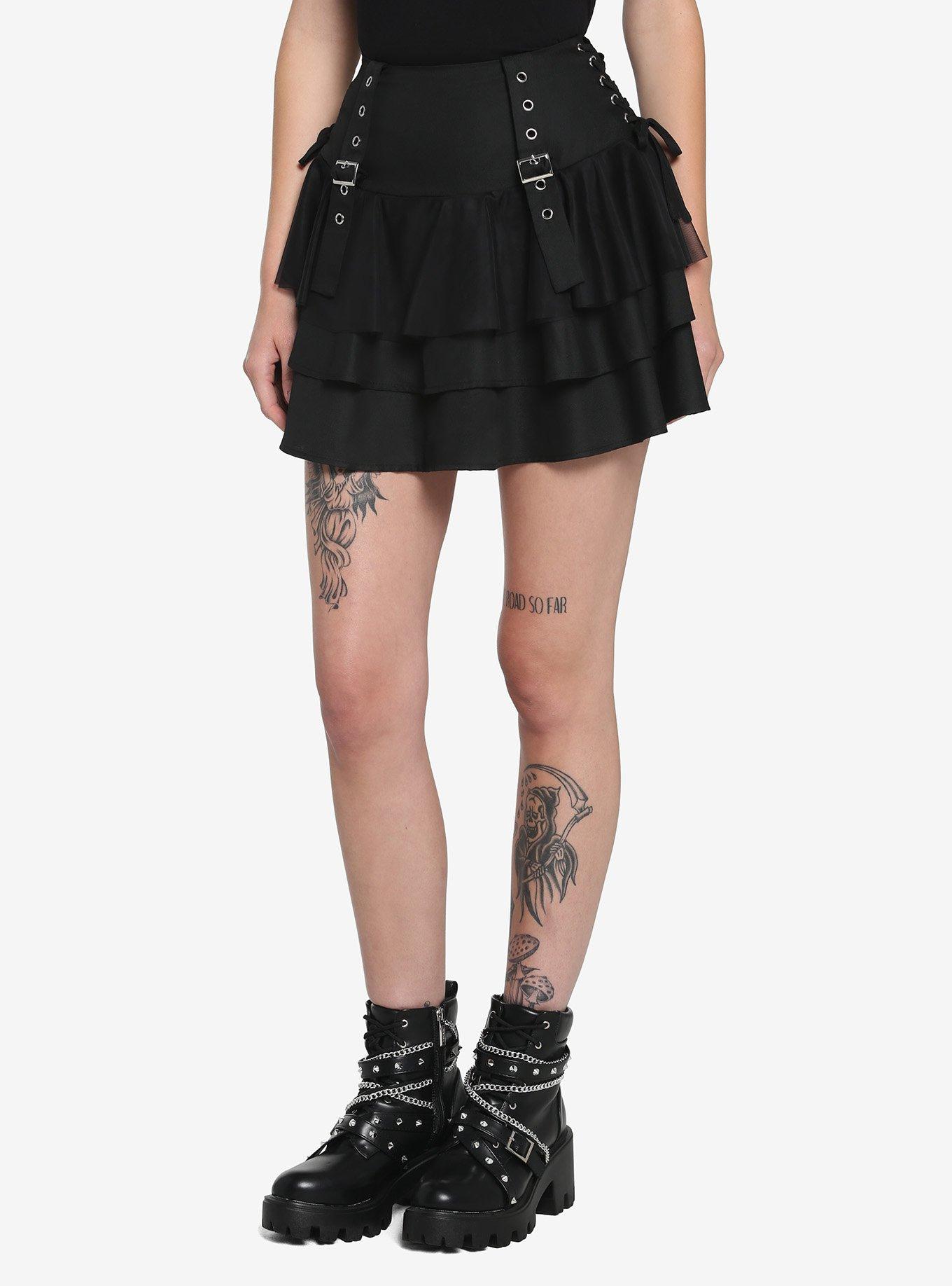 Black Buckle Tiered Skirt, BLACK, hi-res