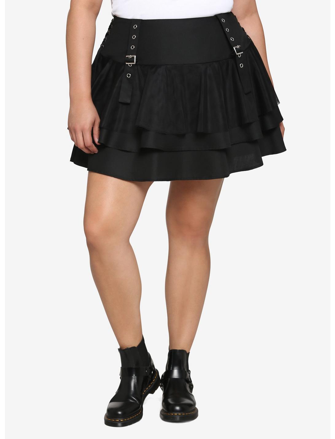Black Buckle Tiered Skirt Plus Size, BLACK, hi-res