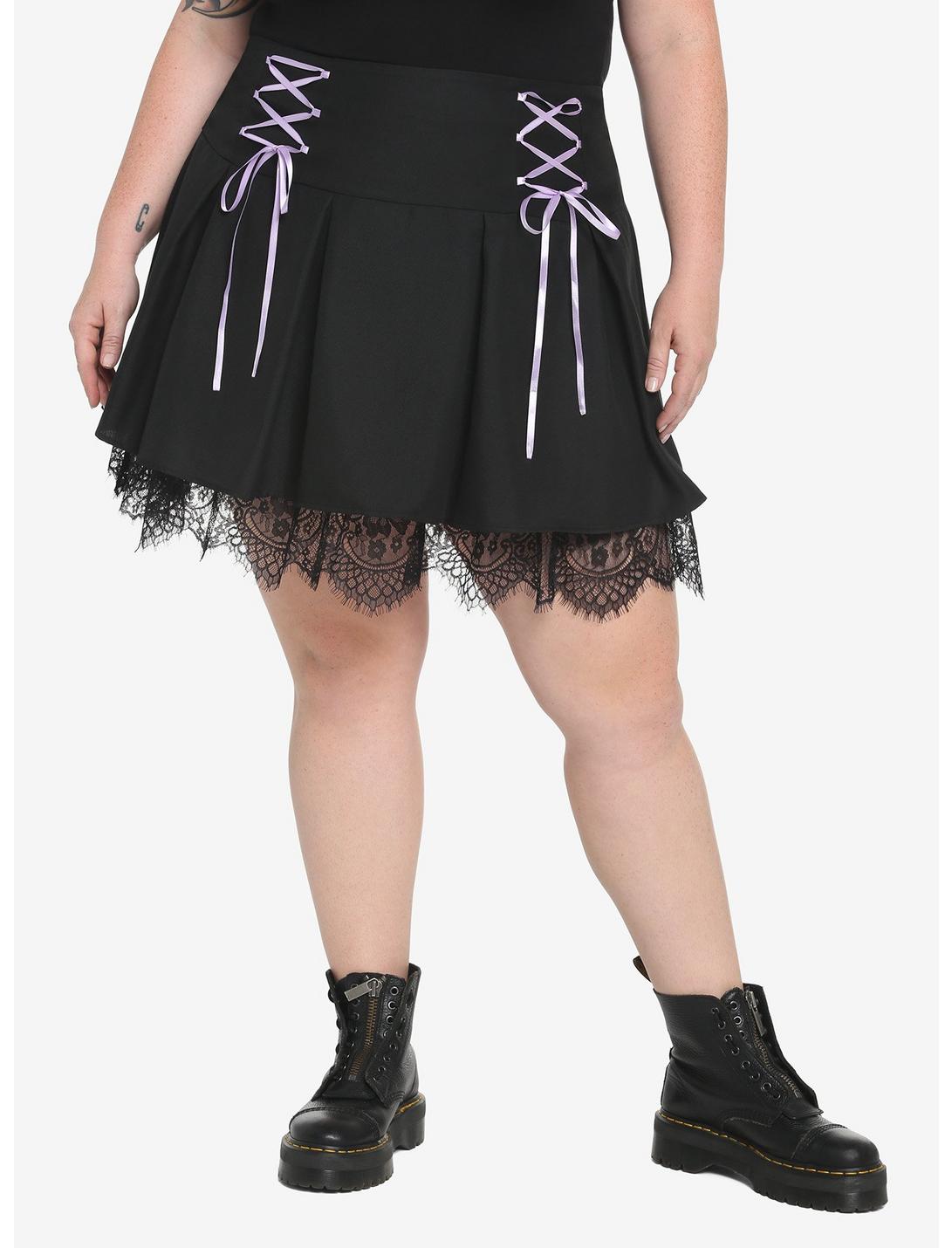 Black & Purple Lace-Up Pleated Skirt Plus Size, BLACK, hi-res