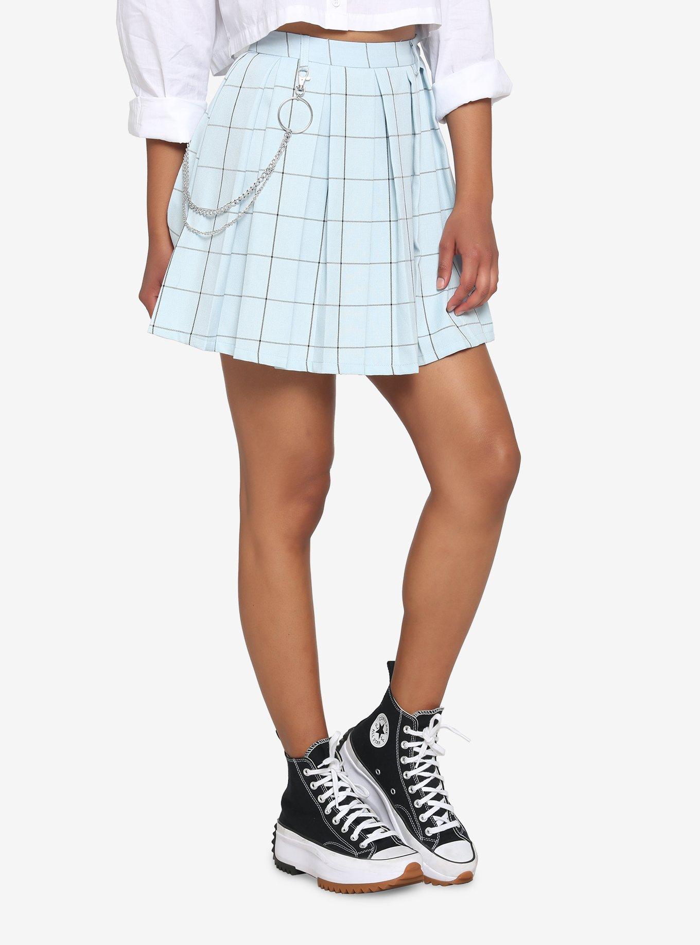 Light Blue Grid Chain Pleated Skirt, PLAID - BLUE, hi-res