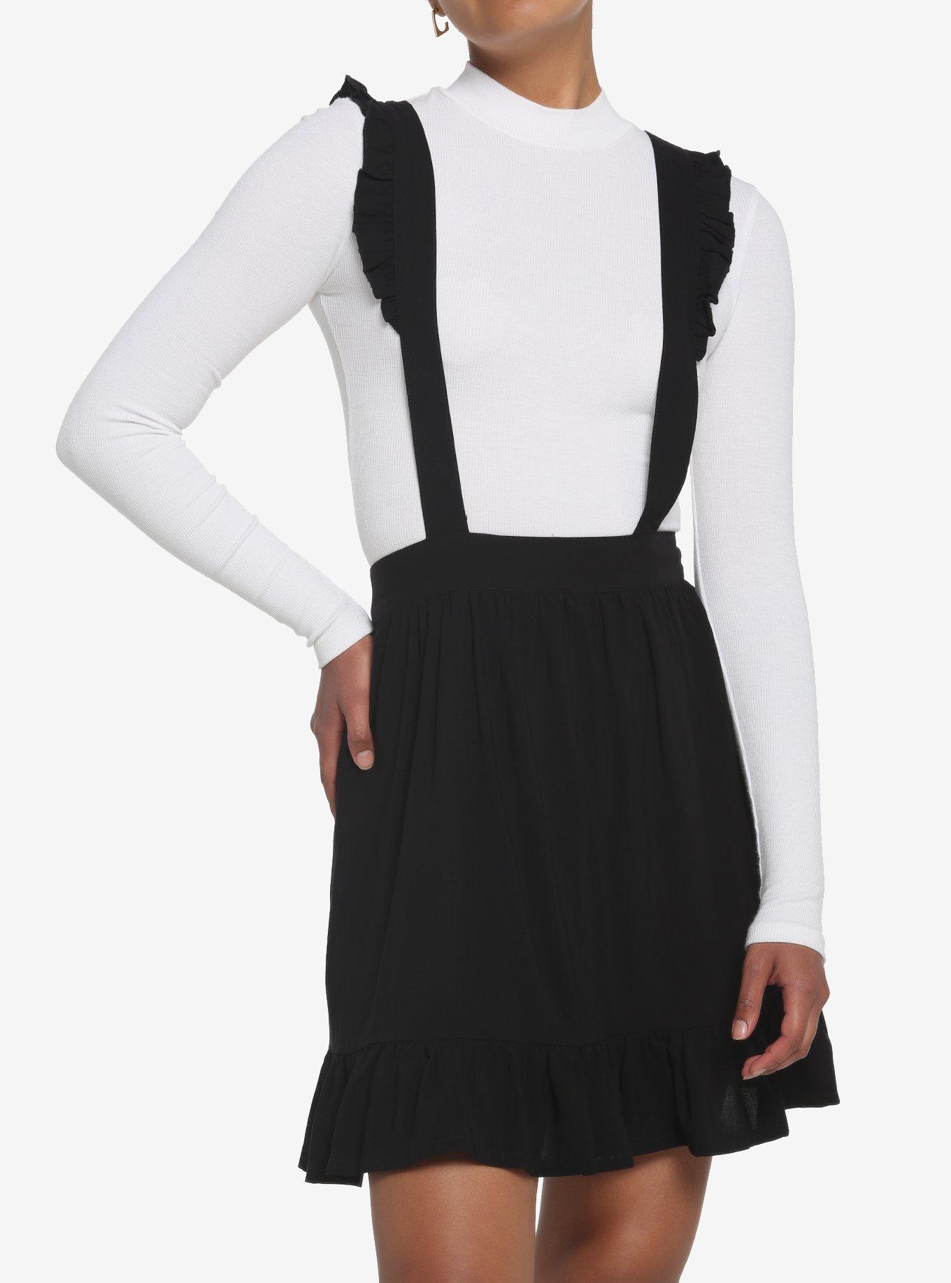Black Ruffle Strap Suspender Skirt, BLACK, hi-res