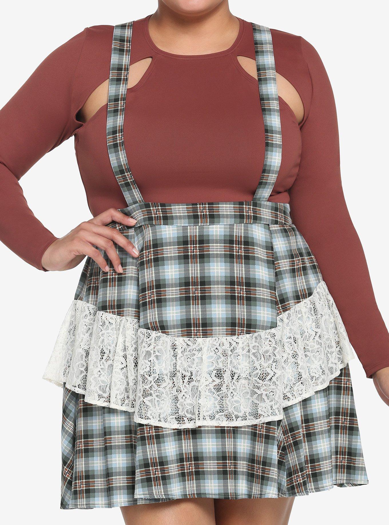 Blue & Grey Plaid Ruffle Suspender Skirt Plus Size, MULTI, hi-res