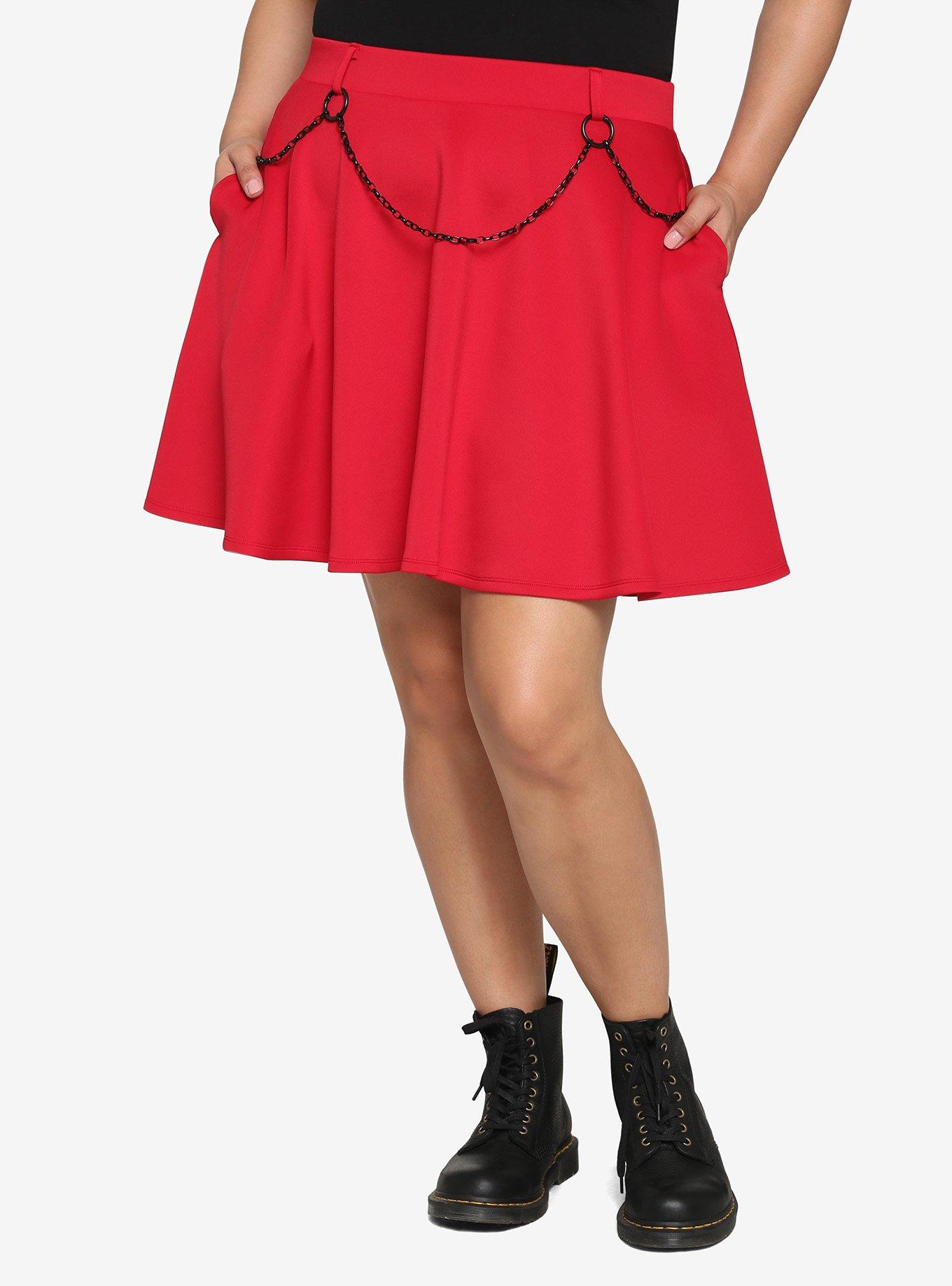 Red Black Chain Skater Skirt Plus Size, RED, hi-res