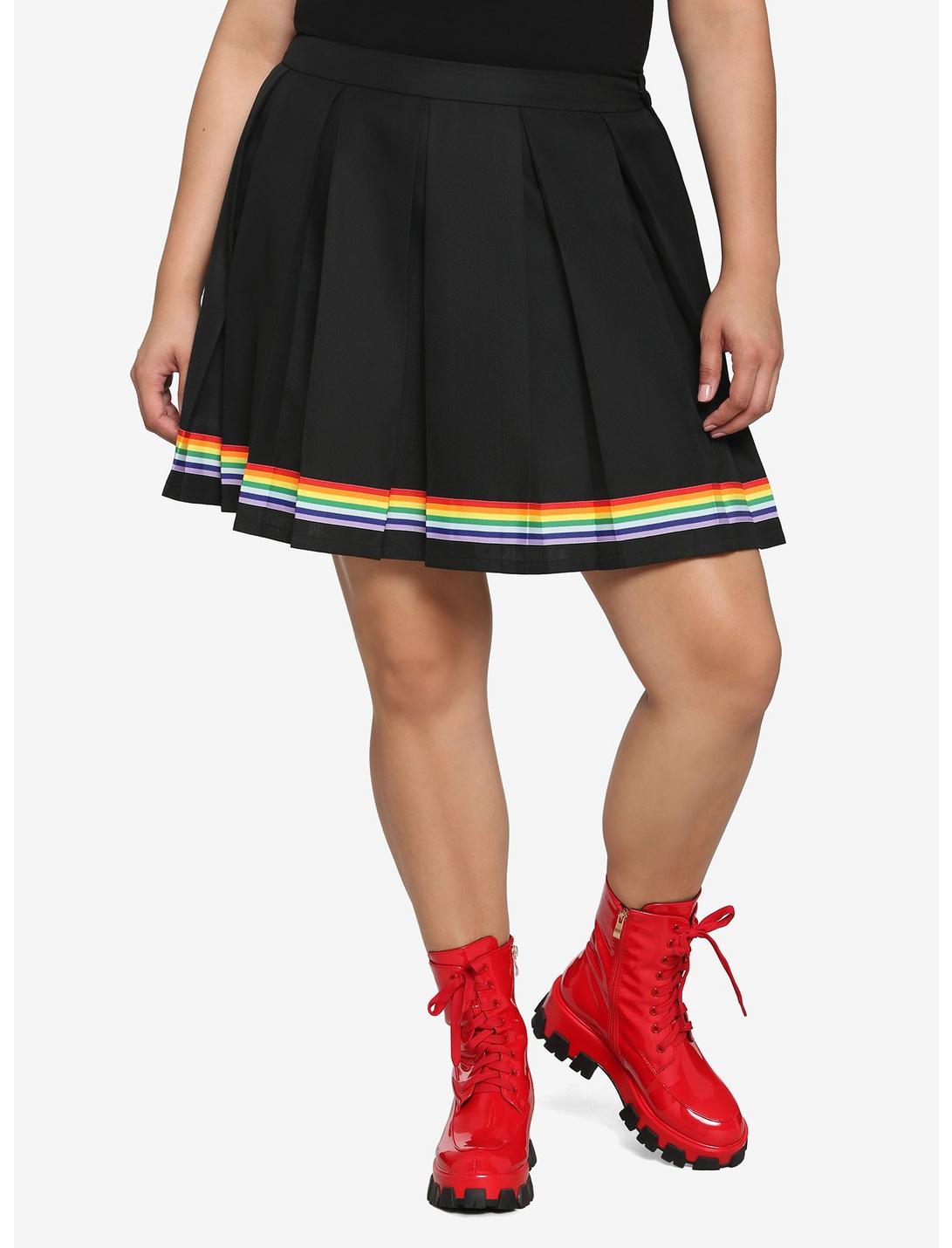 Rainbow Ribbon Pleated Skirt Plus Size, BLACK, hi-res