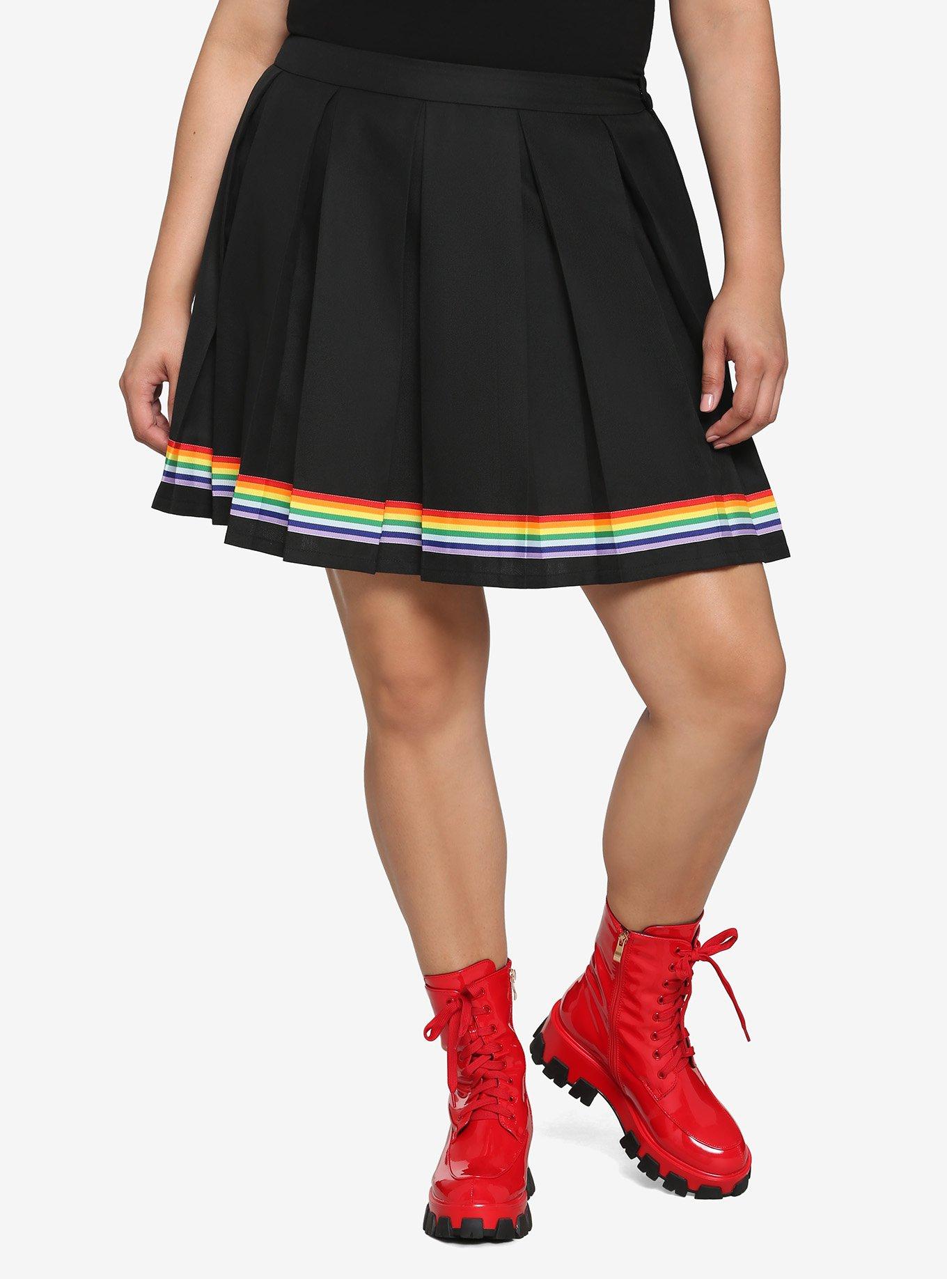 Rainbow Ribbon Pleated Skirt Plus Size, BLACK, hi-res