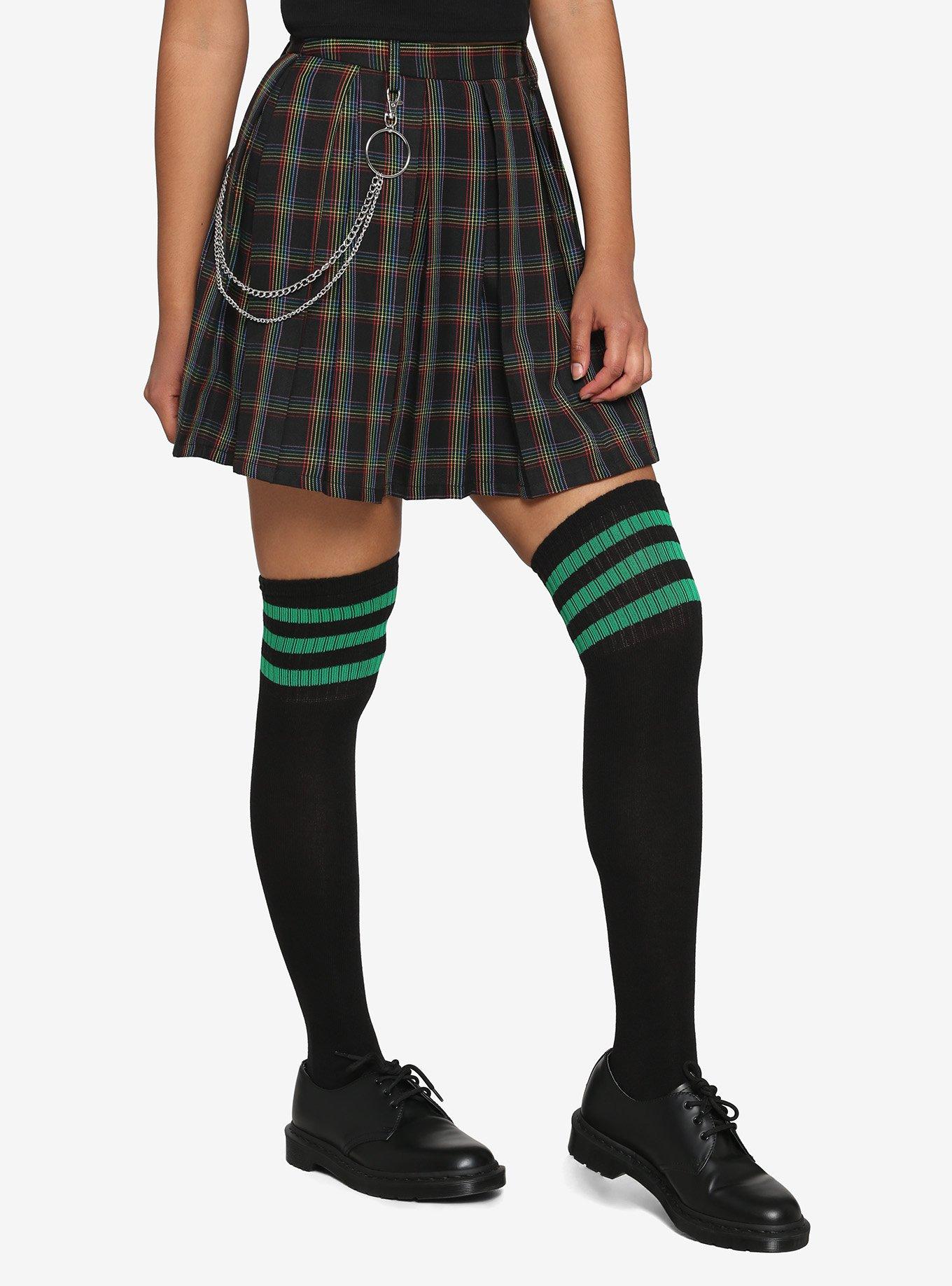Rainbow Grid O-Chain Pleated Skirt, PLAID-RAINBOW, hi-res