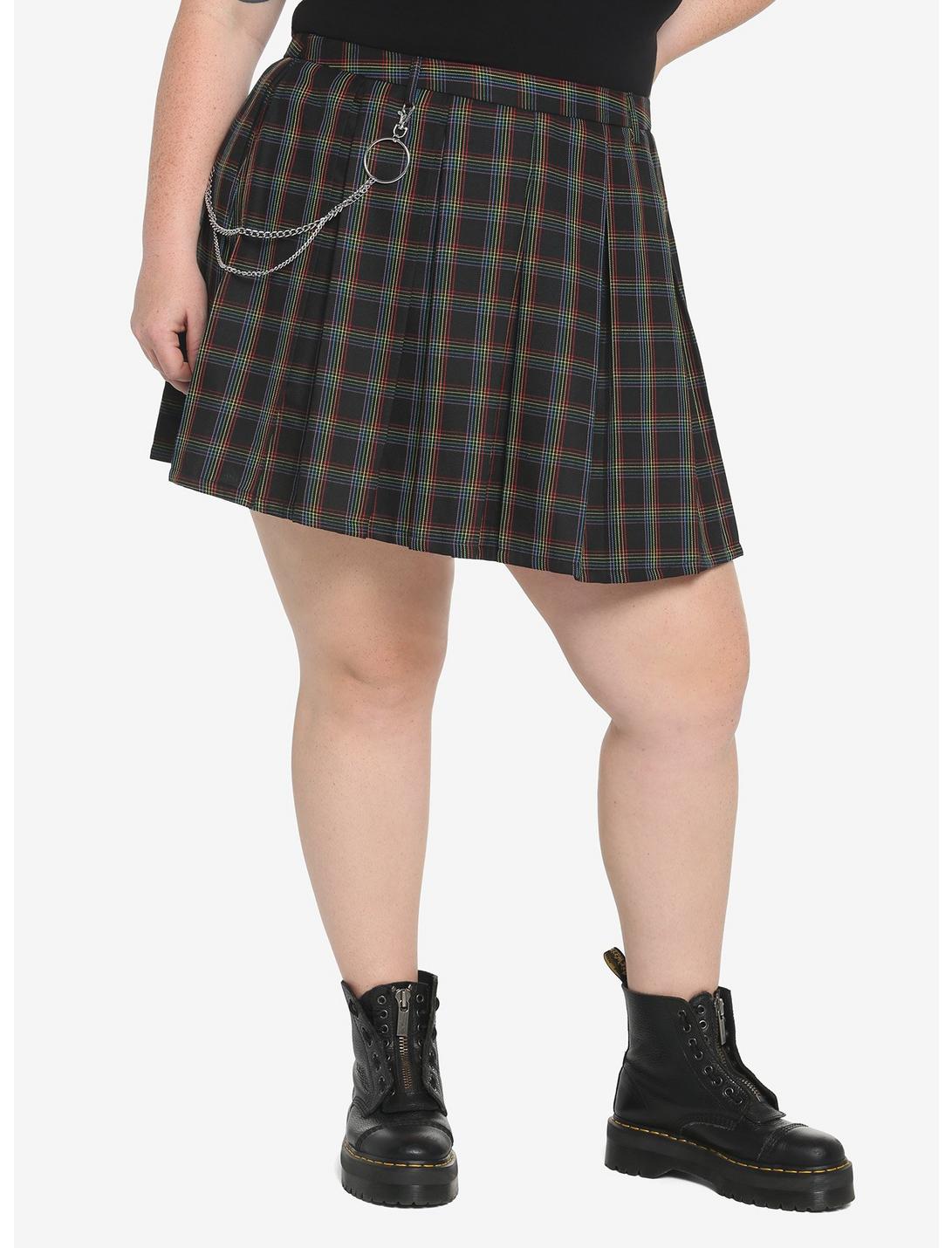 Rainbow Grid O-Chain Pleated Skirt Plus Size, PLAID-RAINBOW, hi-res