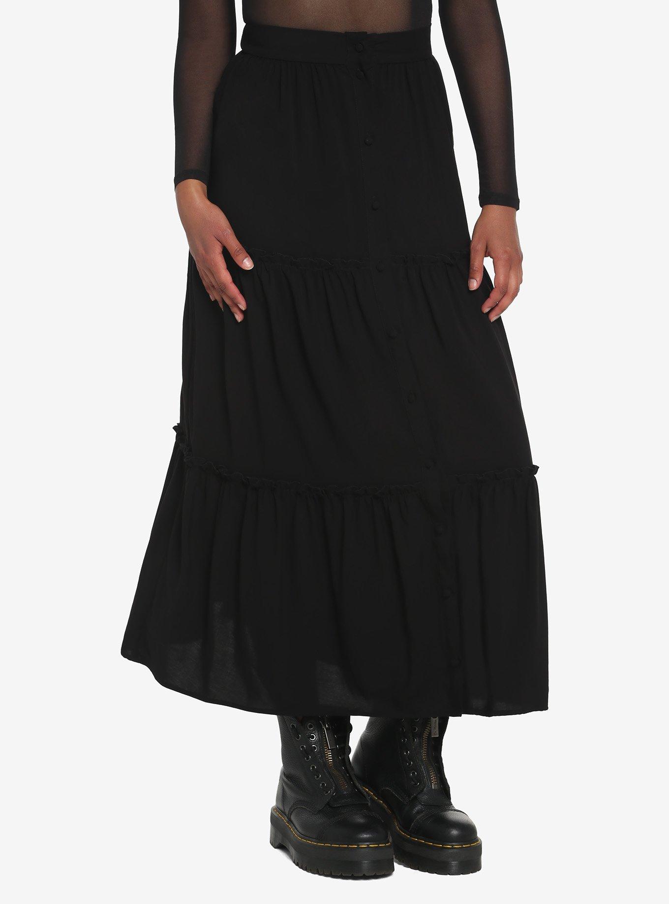 Black Tiered Button-Down Maxi Skirt, BLACK, hi-res