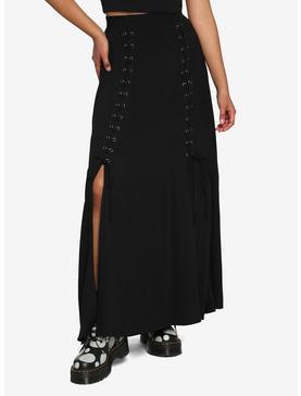 Black Lace-Up Slit Maxi Skirt, , hi-res