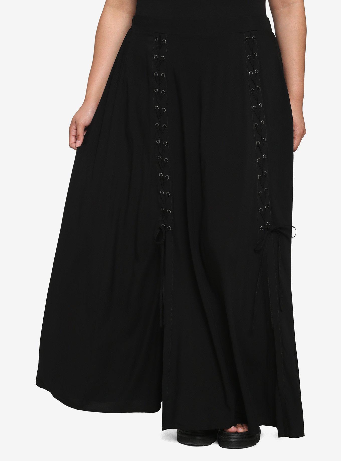 Black Lace-Up Slit Maxi Skirt Plus Size, BLACK, hi-res