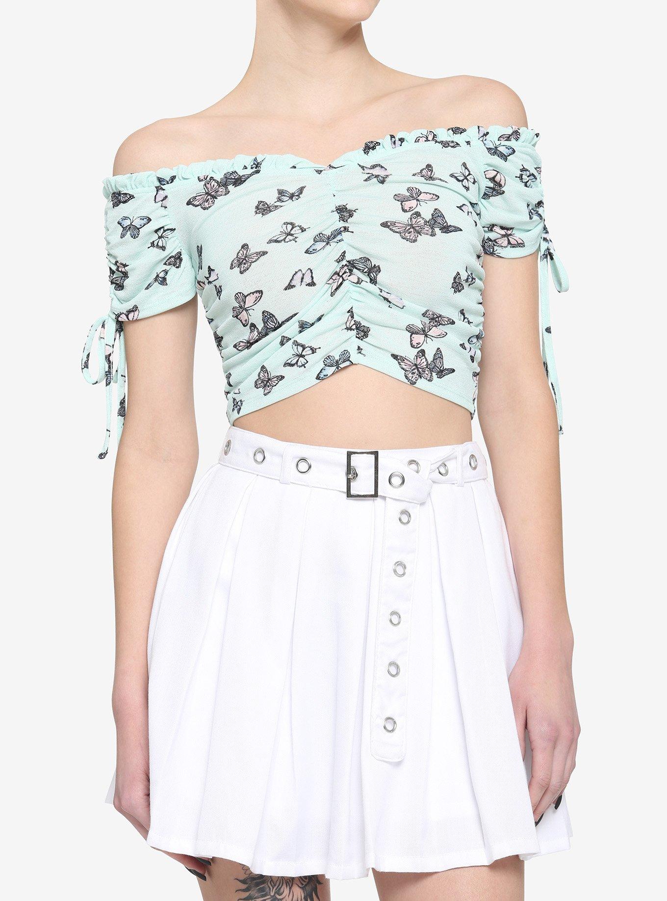 Mint Butterfly Ruched Off-The-Shoulder Girls Crop Top, MULTI, hi-res