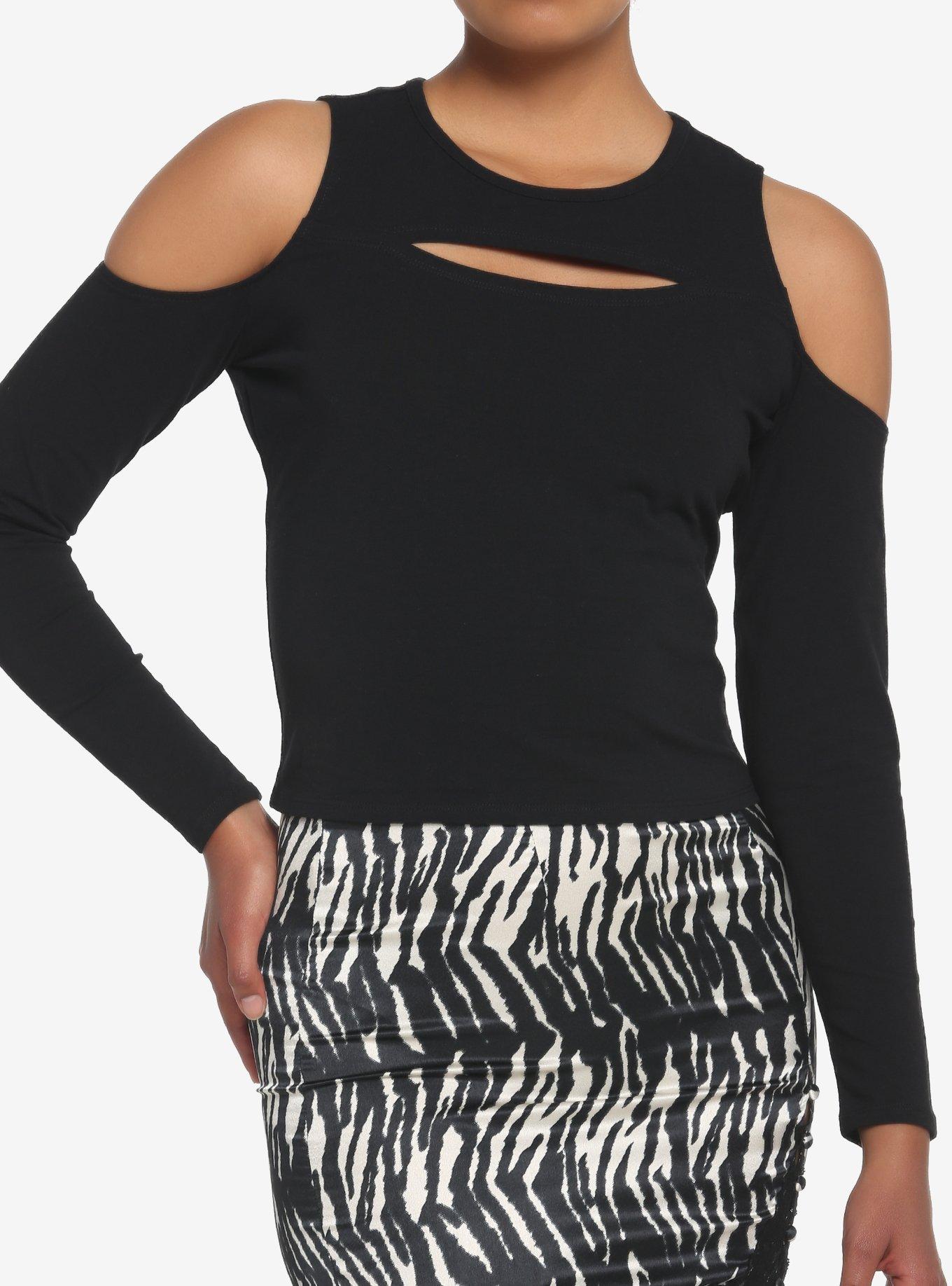 Black Cutout Cold Shoulder Girls Long-Sleeve Top, BLACK, hi-res