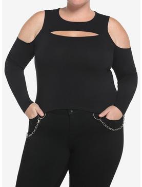 Black Cutout Cold Shoulder Girls Long-Sleeve Top Plus Size, , hi-res