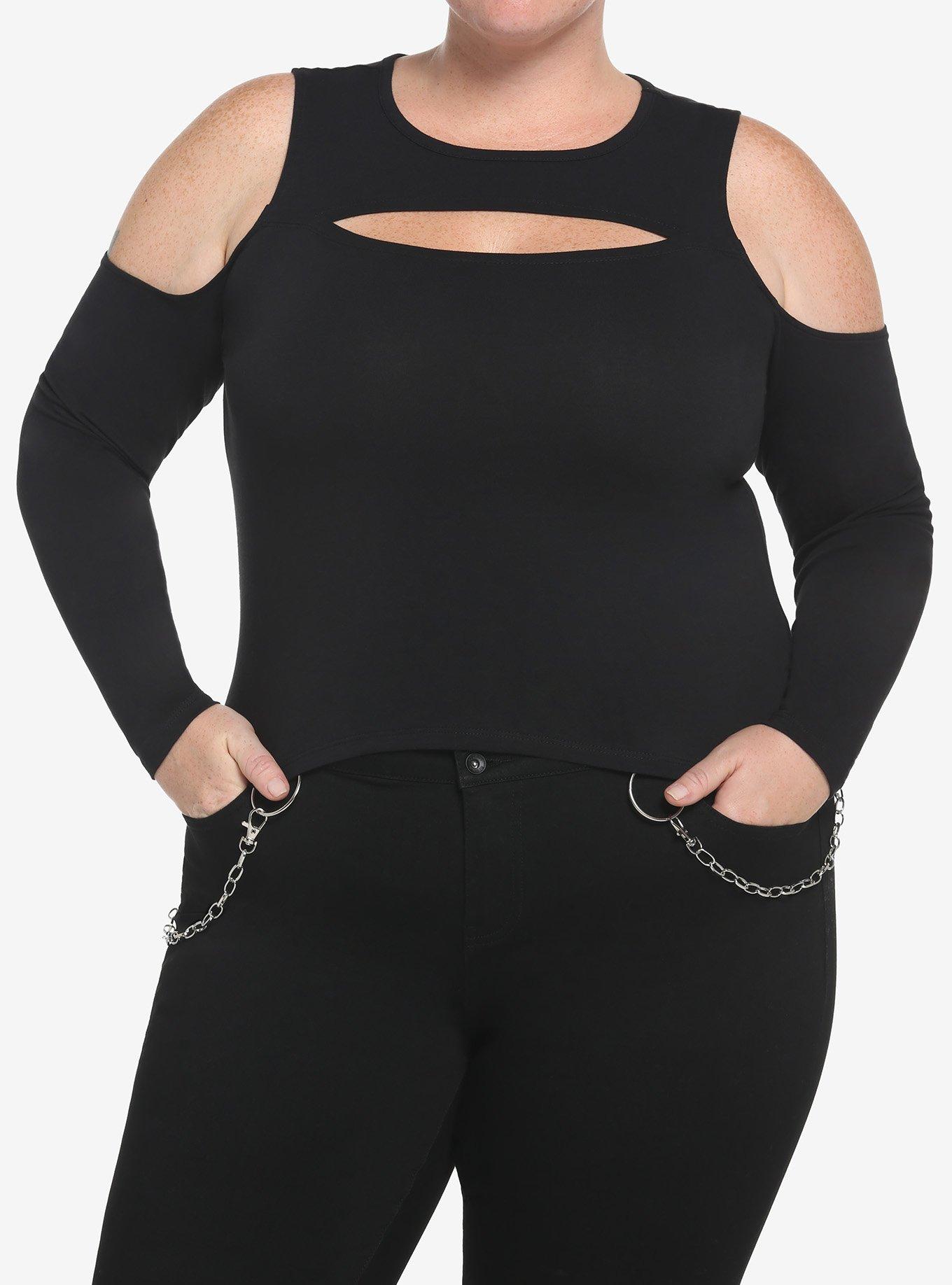 Black Cutout Cold Shoulder Girls Long-Sleeve Top Plus Size, BLACK, hi-res