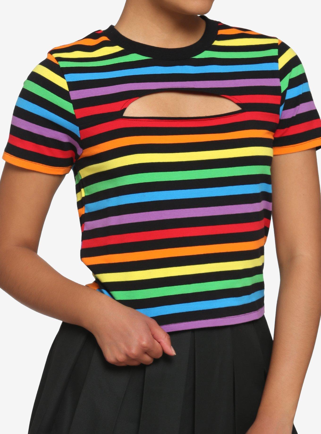 Rainbow Stripe Cutout Girls T-Shirt, STRIPES-RAINBOW, hi-res