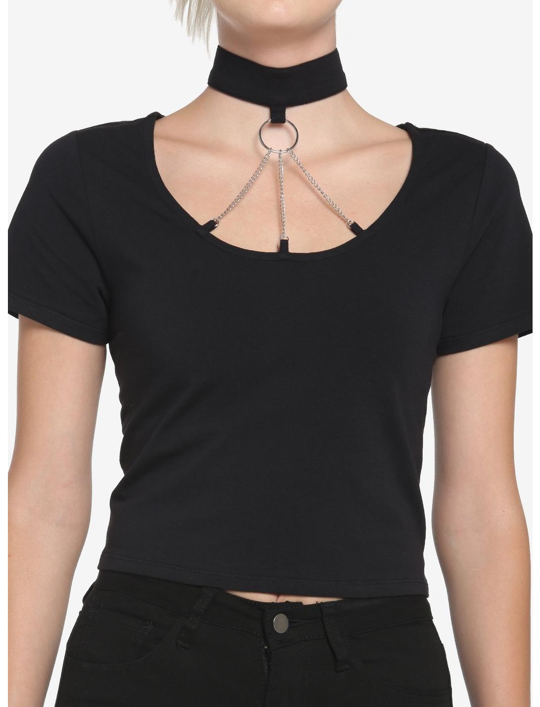 Black O-Ring Choker Crop Girls T-Shirt, BLACK, hi-res