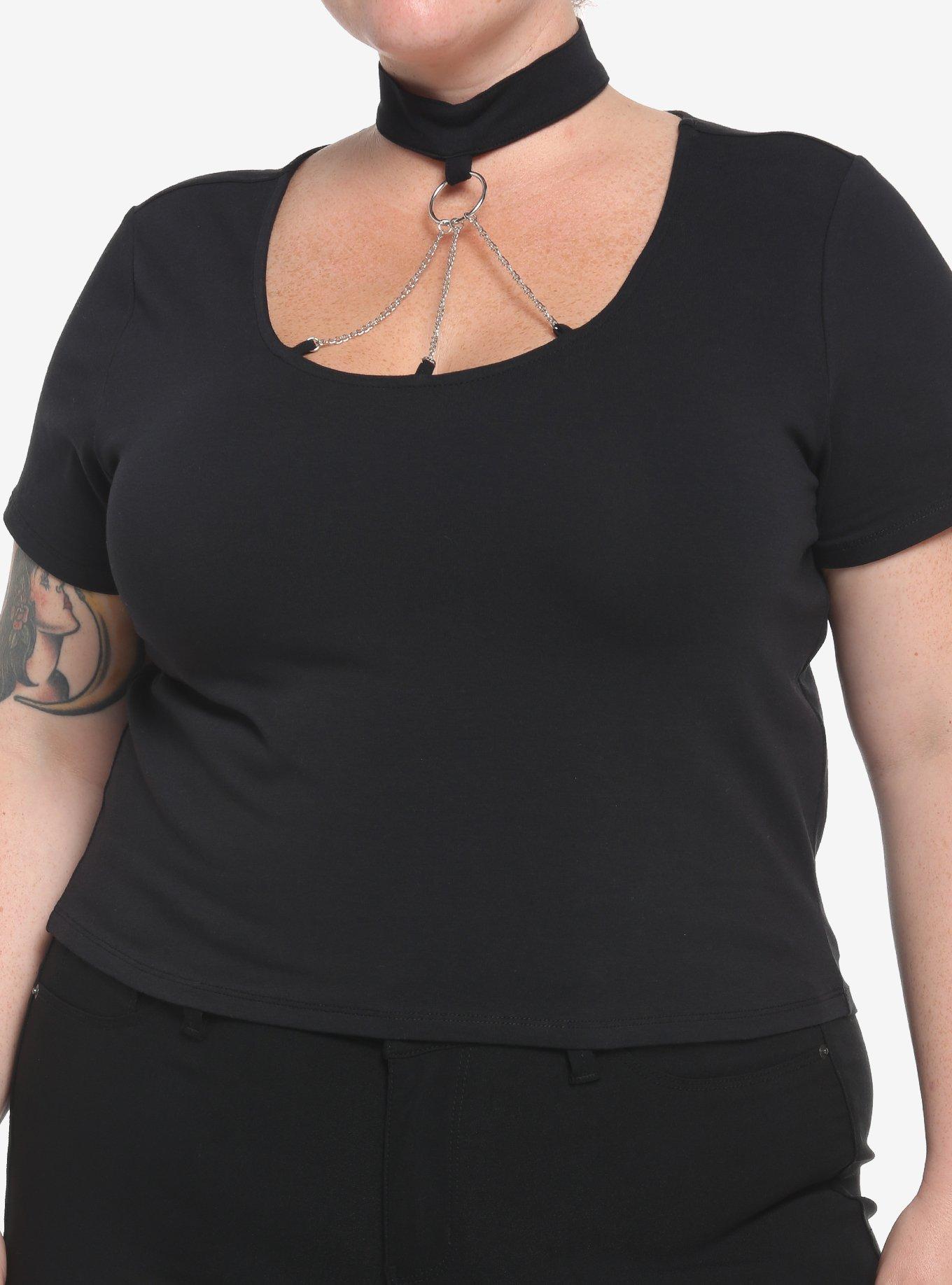 Black O-Ring Choker Crop Girls T-Shirt Plus Size, BLACK, hi-res