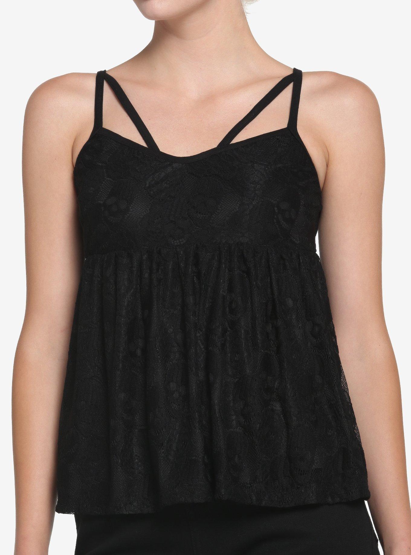 Black Skull Lace Girls Babydoll Cami, BLACK, hi-res