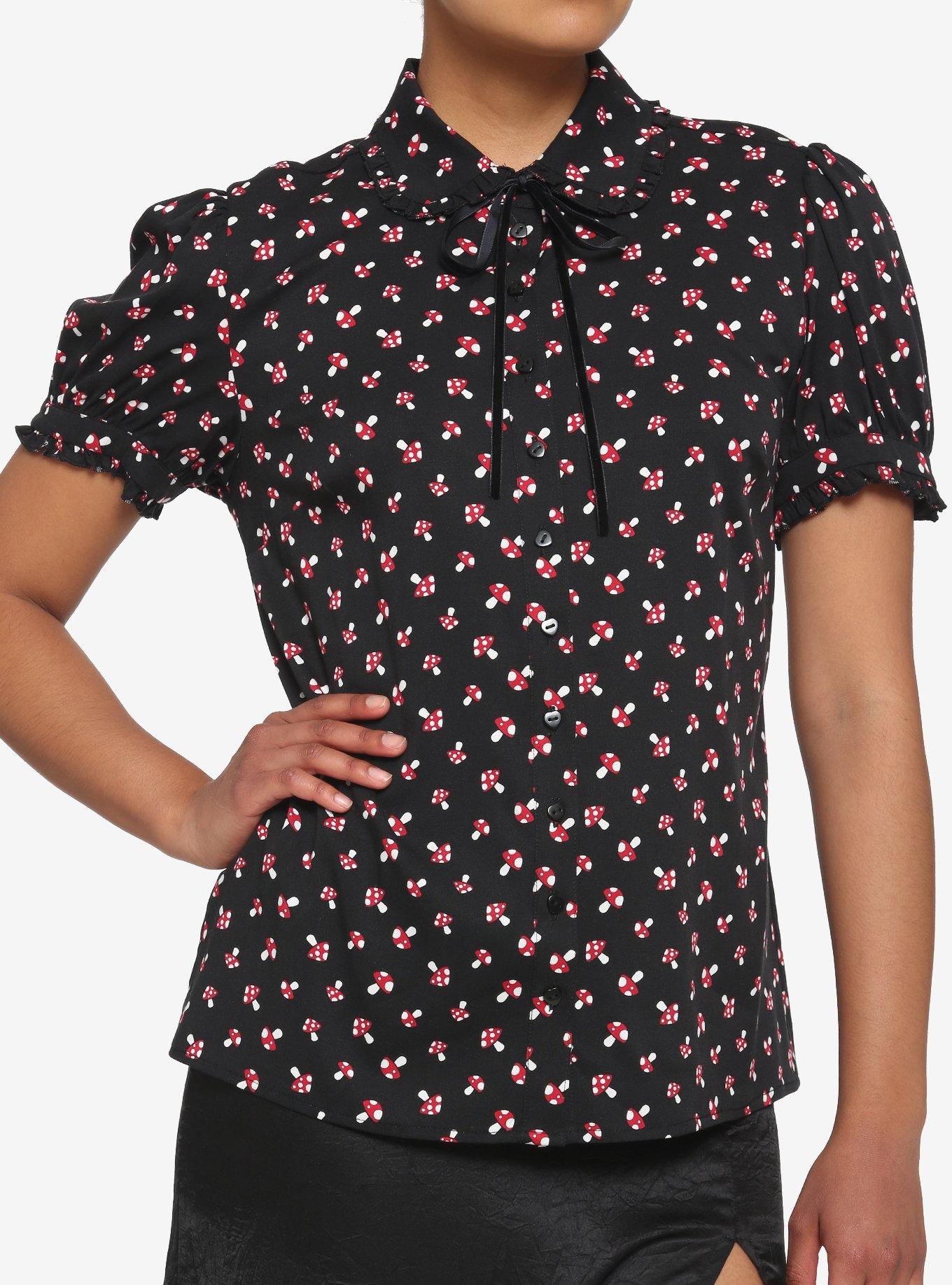Red Mushroom Puff Sleeve Girls Woven Button-Up, BLACK, hi-res