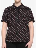 Red Mushroom Puff Sleeve Girls Woven Button-Up Plus Size, BLACK, hi-res