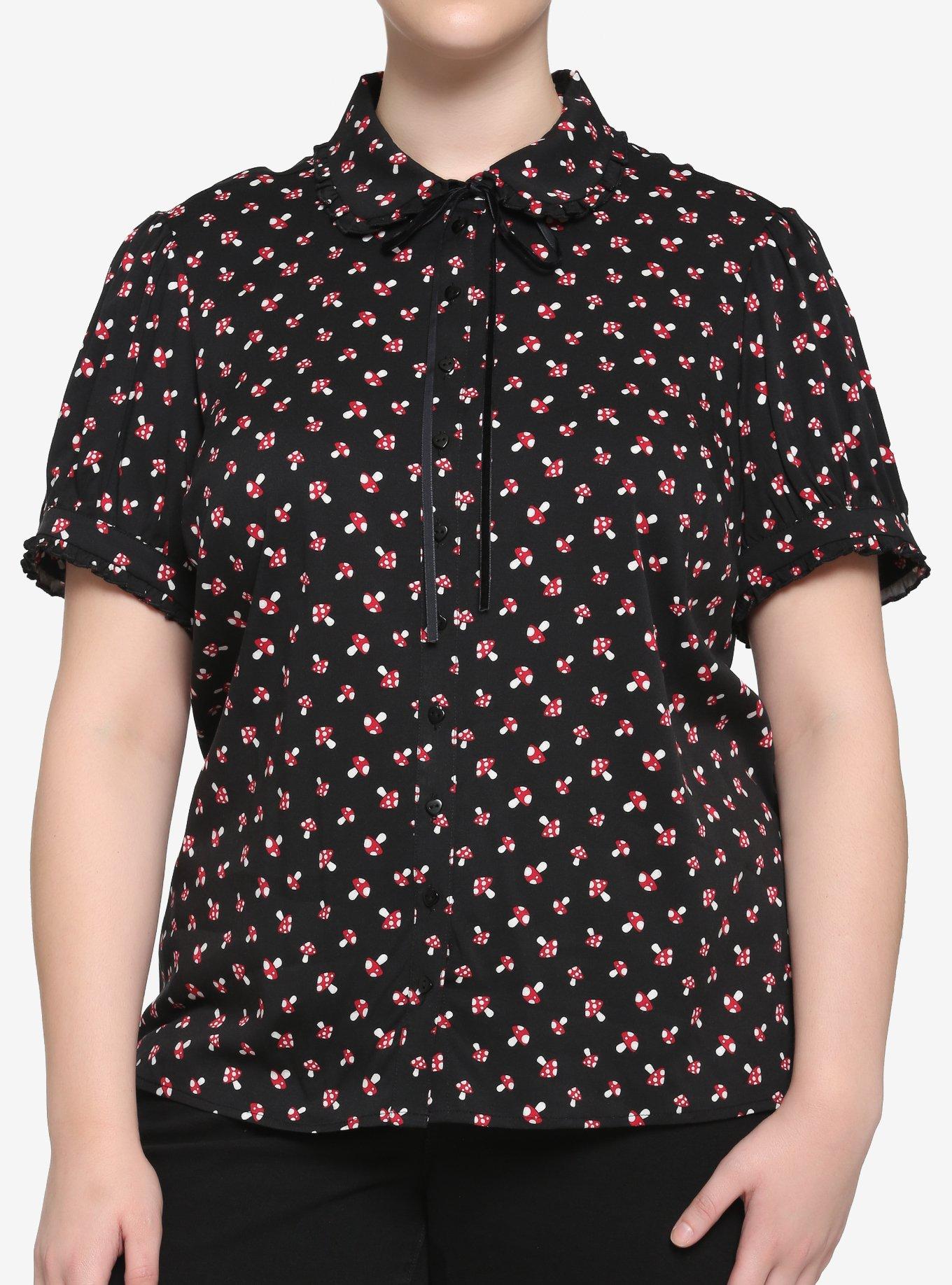 Red Mushroom Puff Sleeve Girls Woven Button-Up Plus Size, BLACK, hi-res