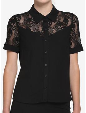 Black Skull Lace Girls Woven Button-Up, , hi-res