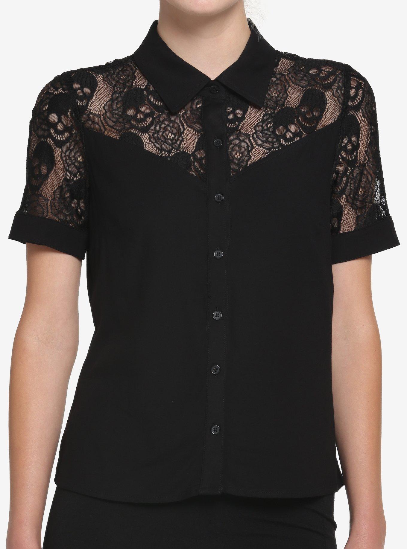 Black Skull Lace Girls Woven Button-Up, BLACK, hi-res