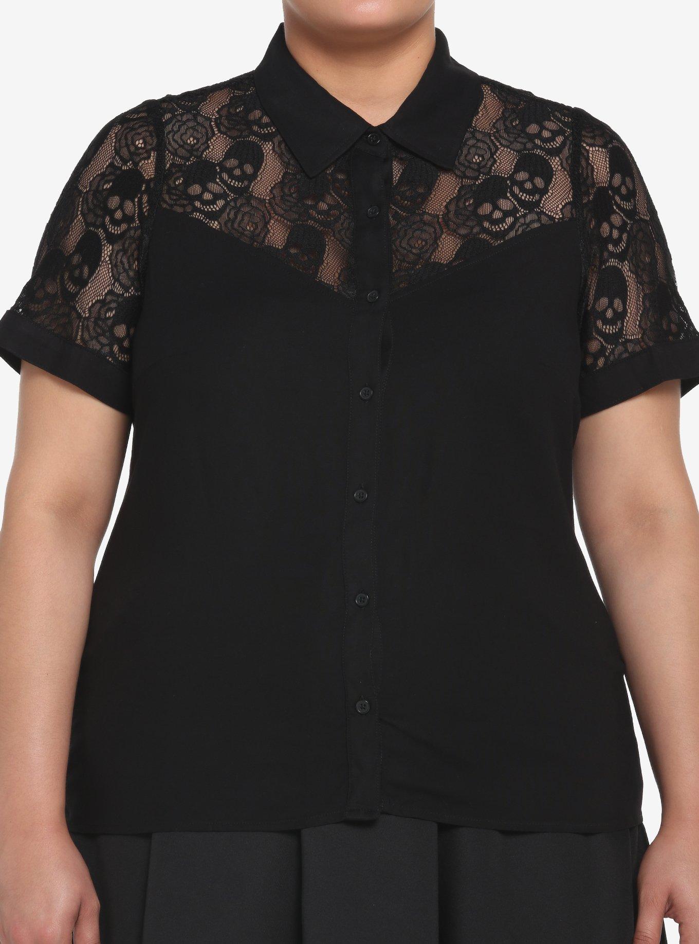 Black Skull Lace Girls Woven Button-Up Plus Size, BLACK, hi-res