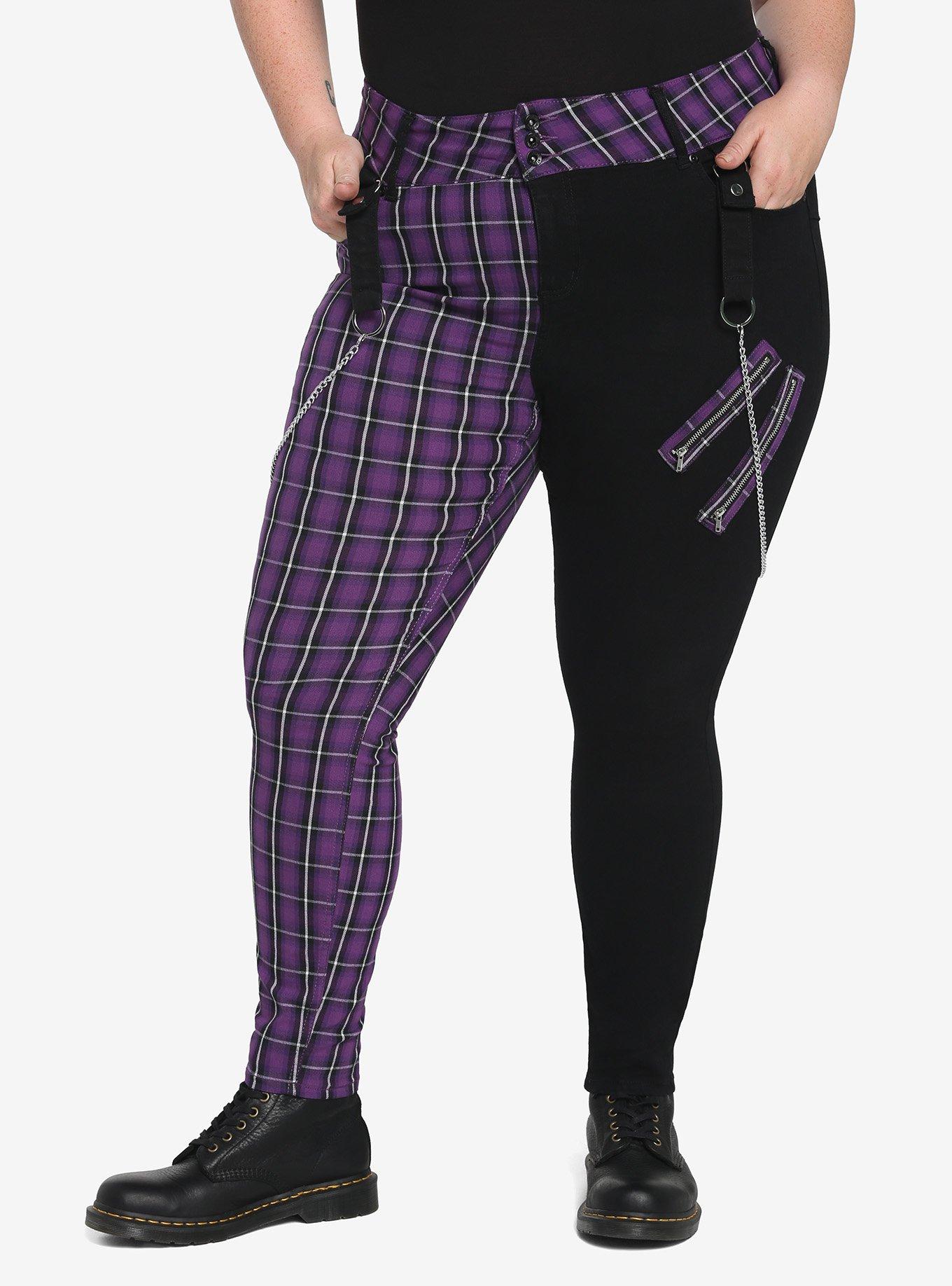 Black & Purple Plaid Split Super Skinny Jeans Plus Size