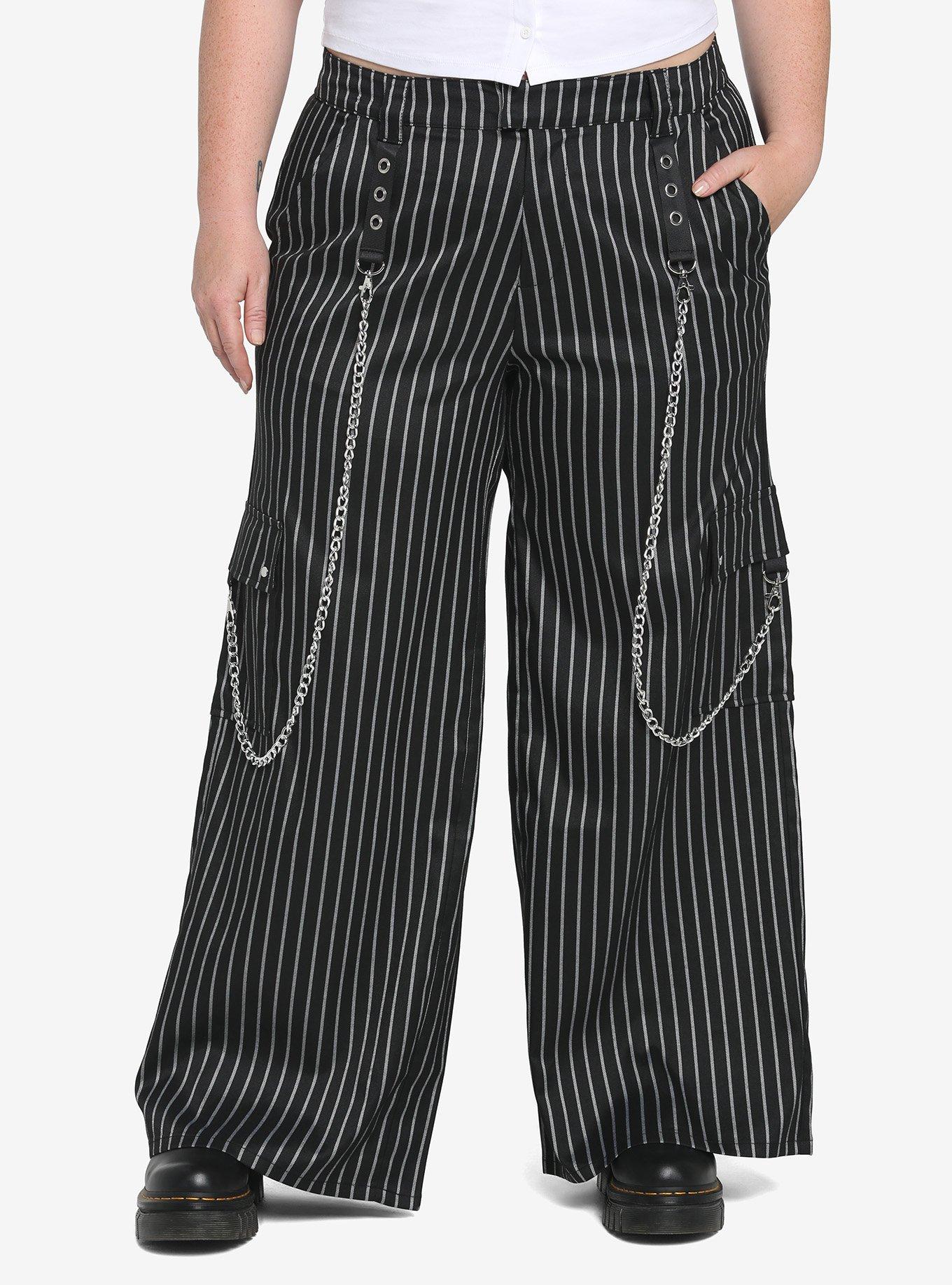 Black Pinstripe Wide Leg Pants Plus Size, BLACK  WHITE, hi-res