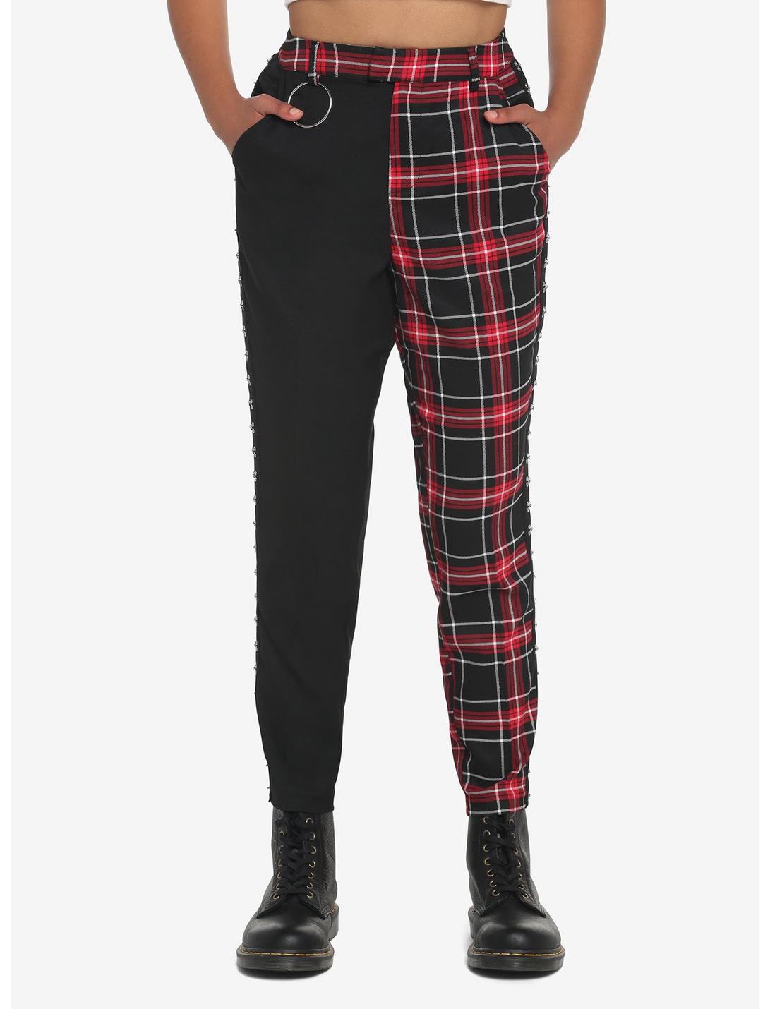 Black & Red Plaid Split Pants, BLACK  RED, hi-res