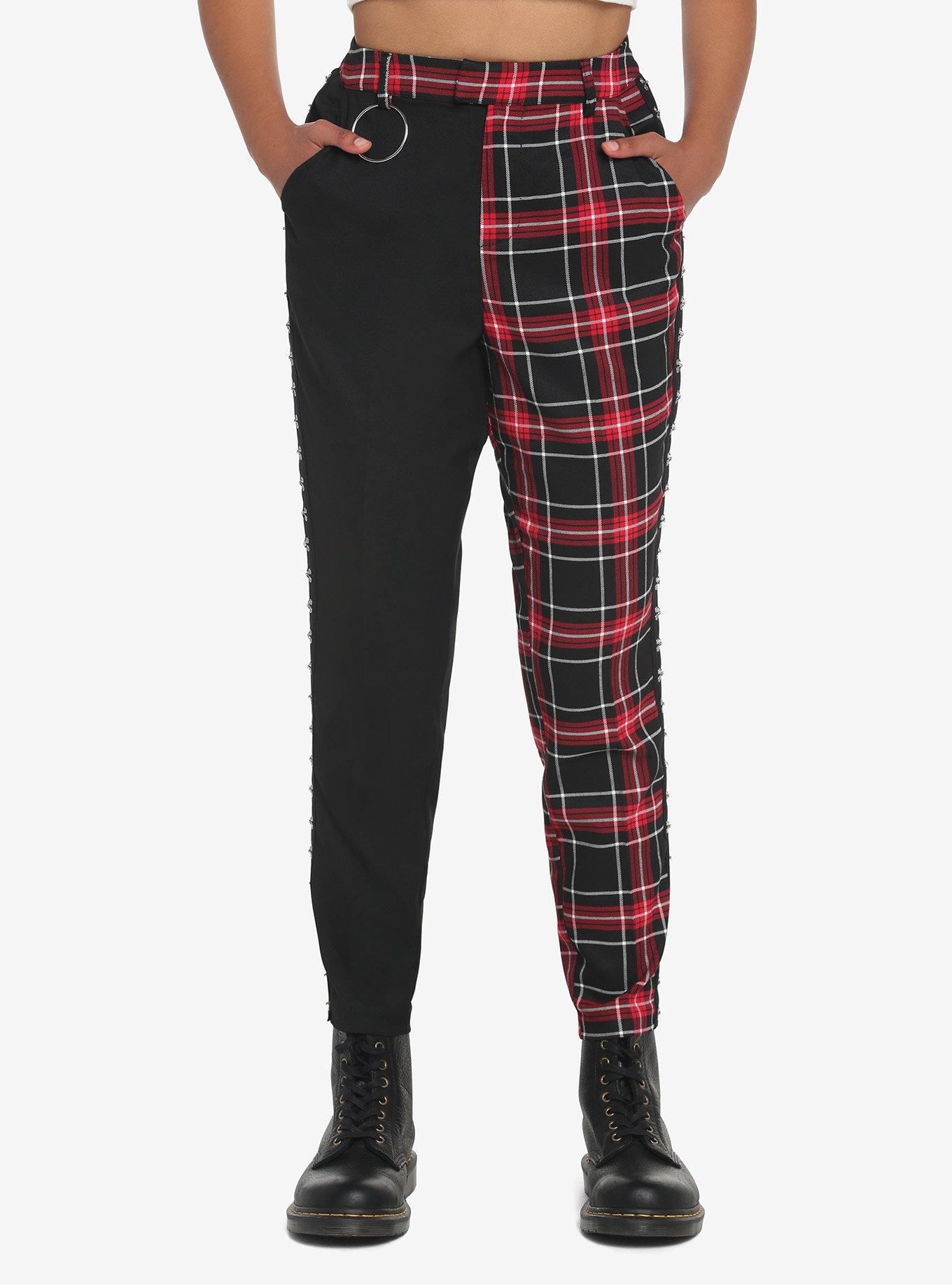 Black & Red Plaid Split Pants, BLACK  RED, hi-res