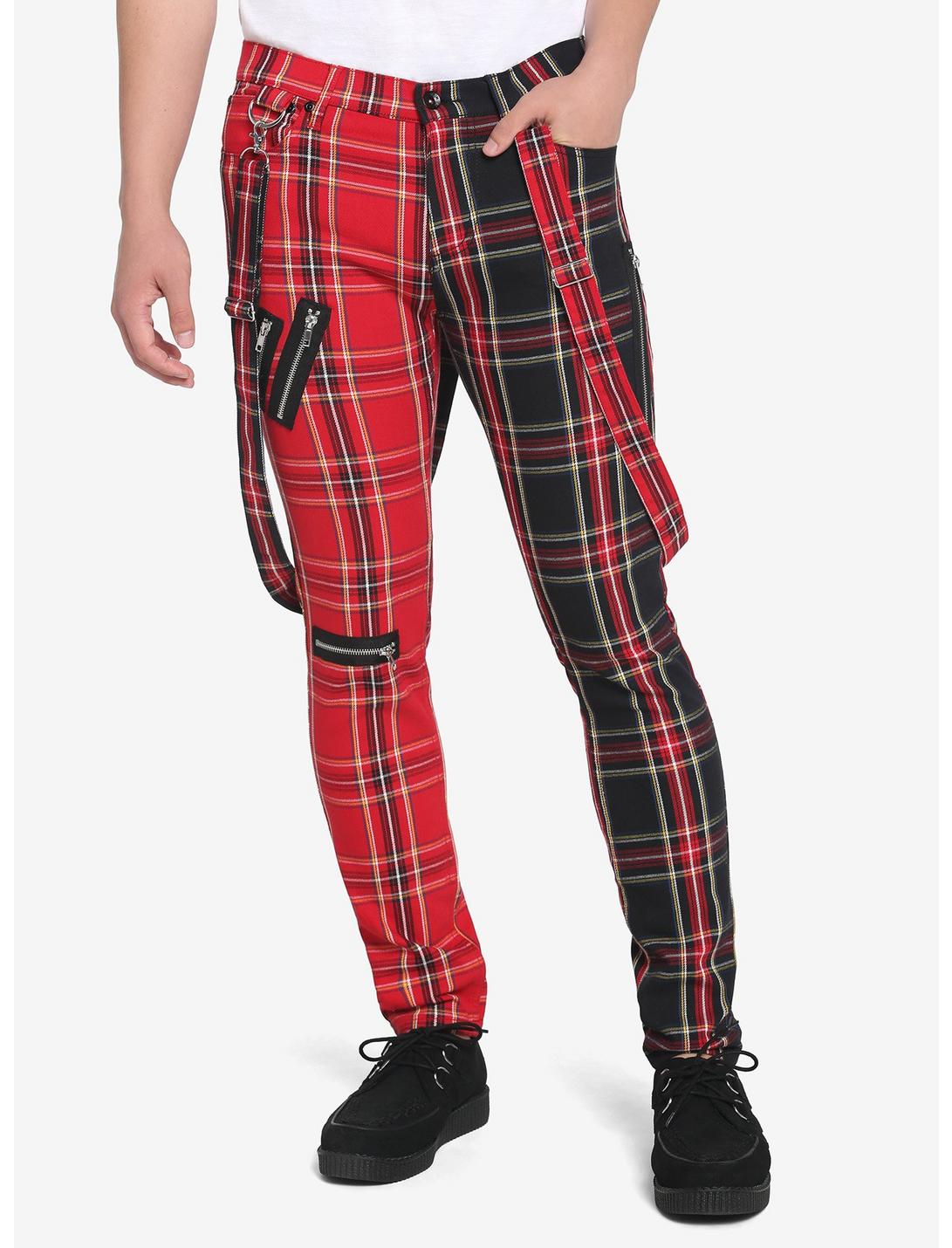 HT Denim Red & Black Double Plaid Suspender Stinger Jeans, BLACK  RED, hi-res