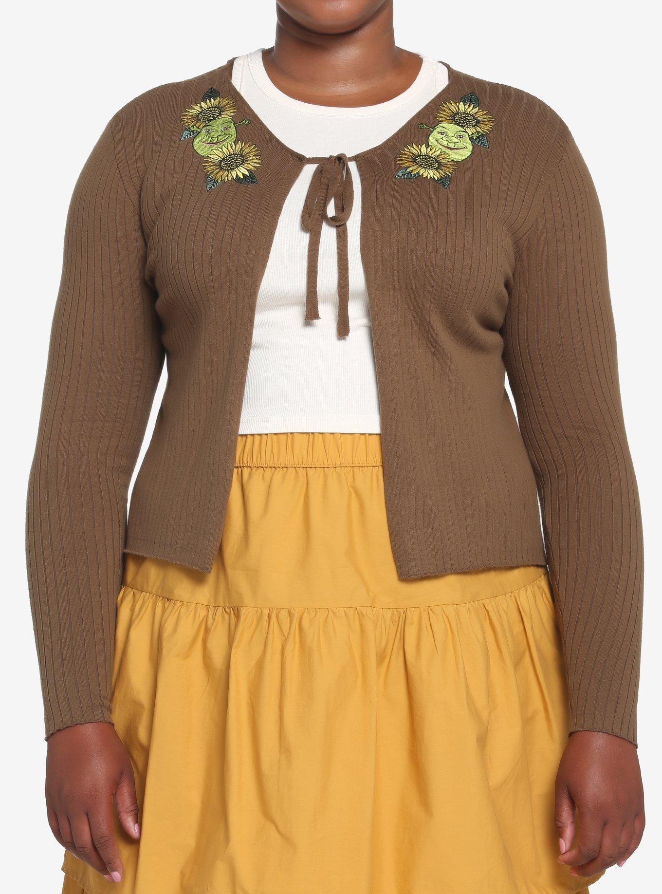 Shrek Sunflower Tie-Front Skimmer Cardigan Plus Size, BROWN, hi-res