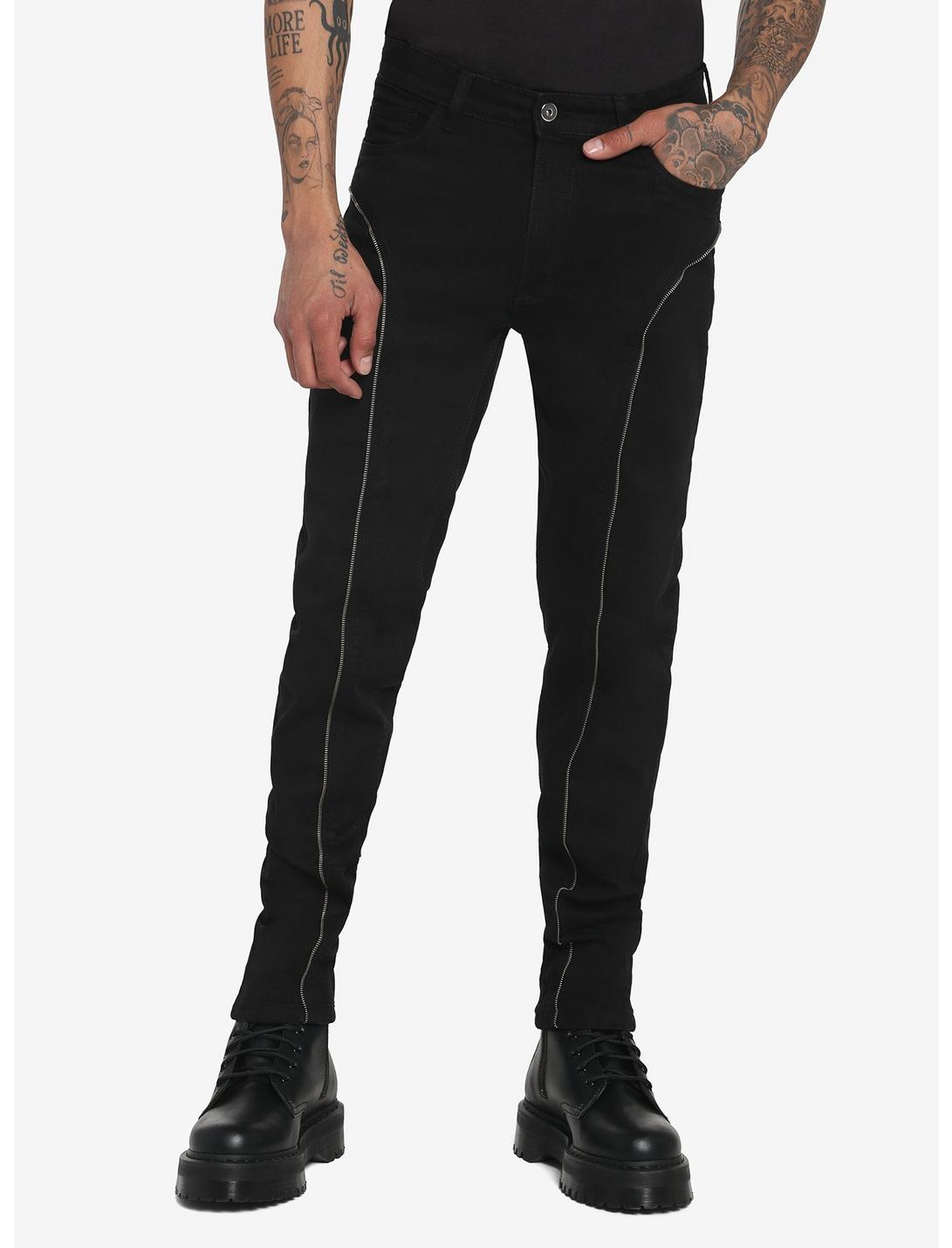 Black Zipper Skinny Jeans, BLACK, hi-res