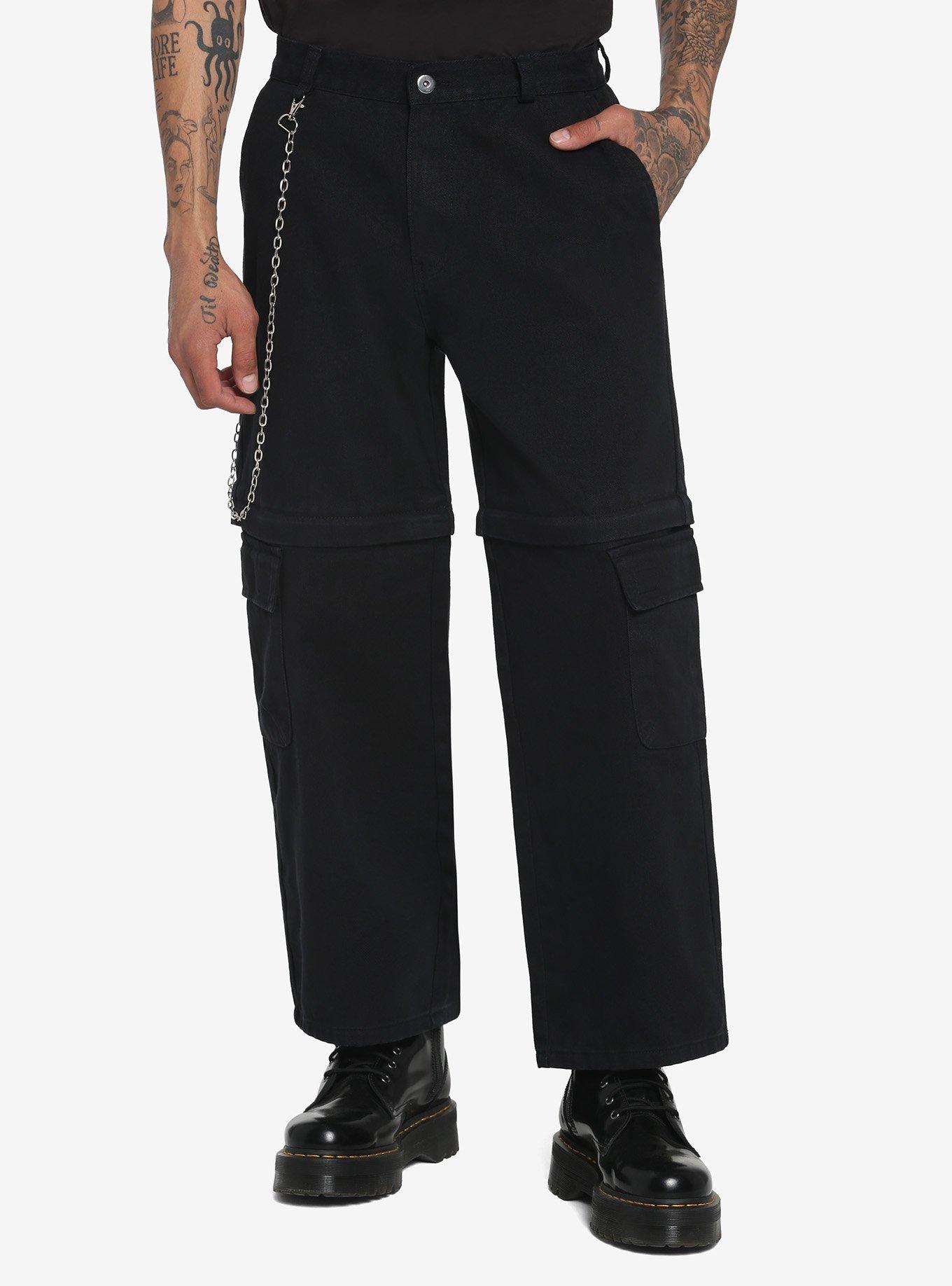 black carpenter pants with white contrast stitching