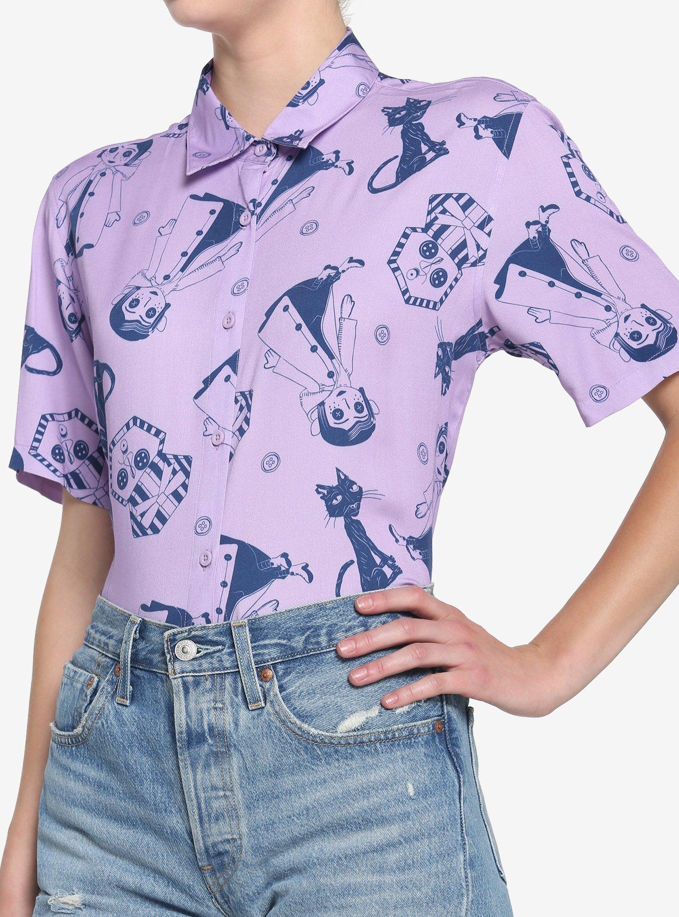 Coraline Doll & Cat Tonal Girls Woven Button-Up