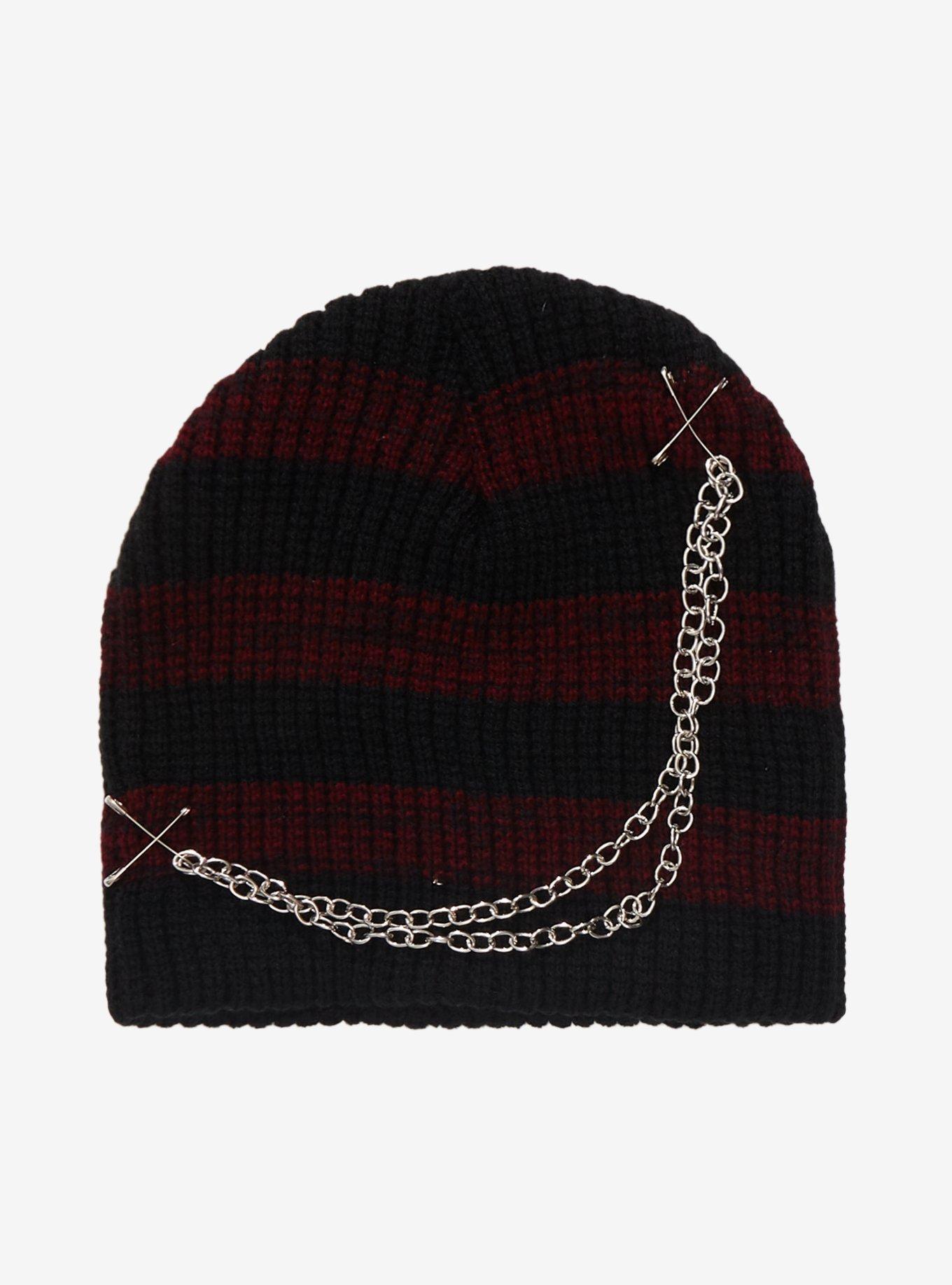 Maroon Black Stripe Safety Pin Chain Beanie Hot Topic