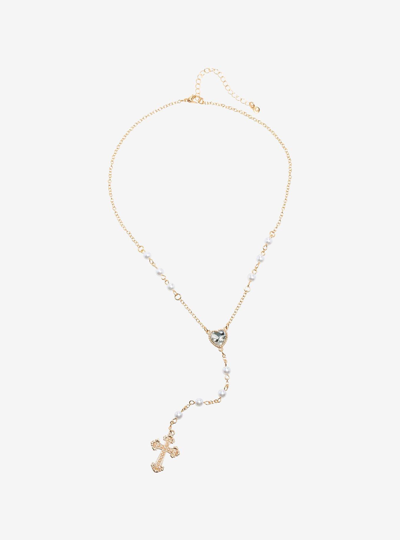 Heart Cross Rosary Necklace, , hi-res