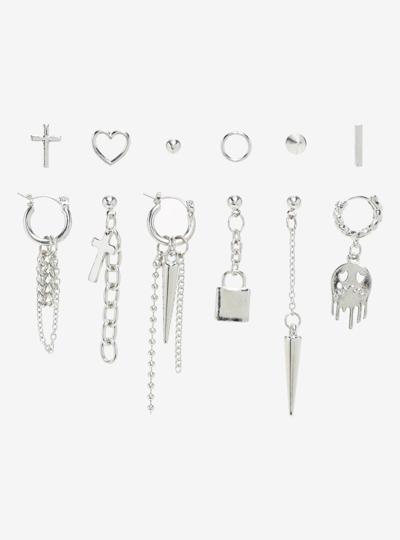 Spike Cross Chains Mismatch Earring Set, , hi-res