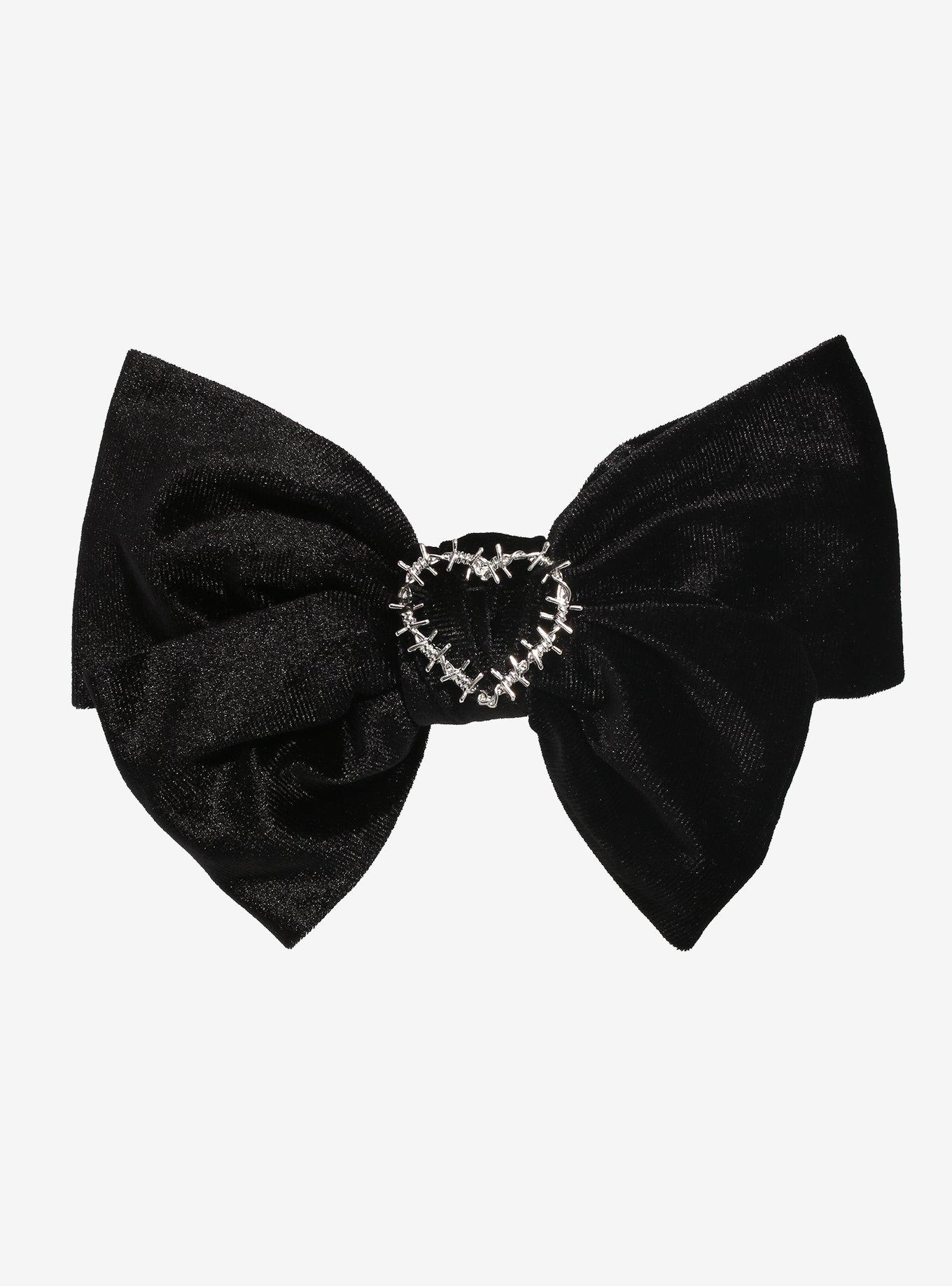 Black Velvet Barbed Wire Heart Hair Bow, , hi-res