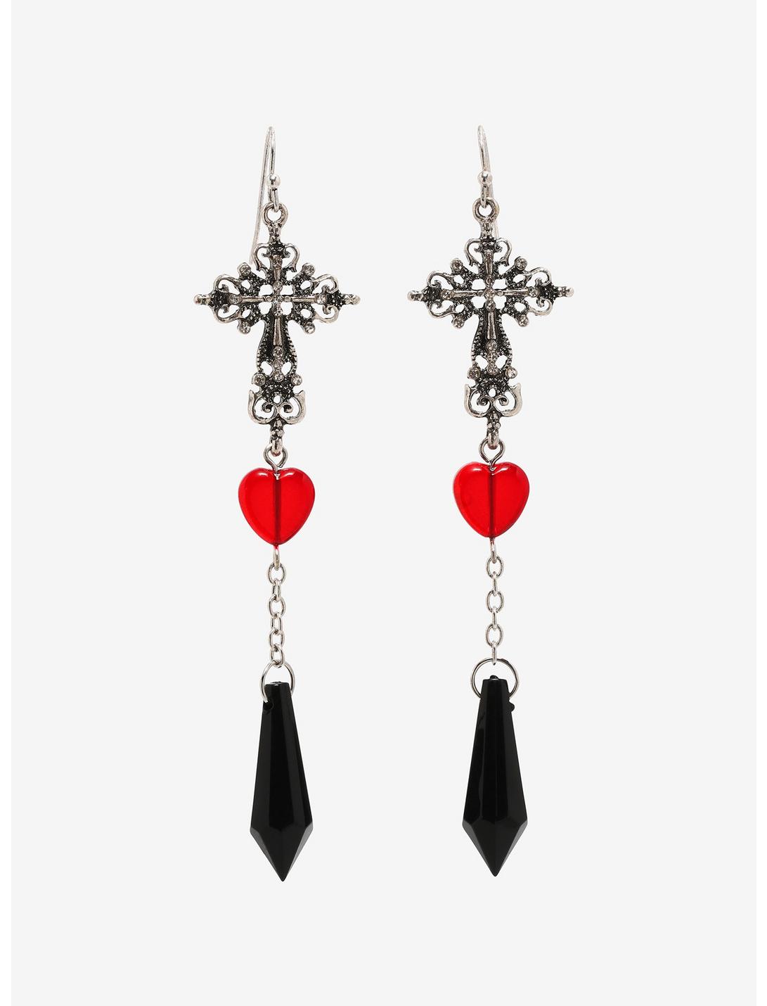 Cross Heart Crystal Drop Earrings, , hi-res