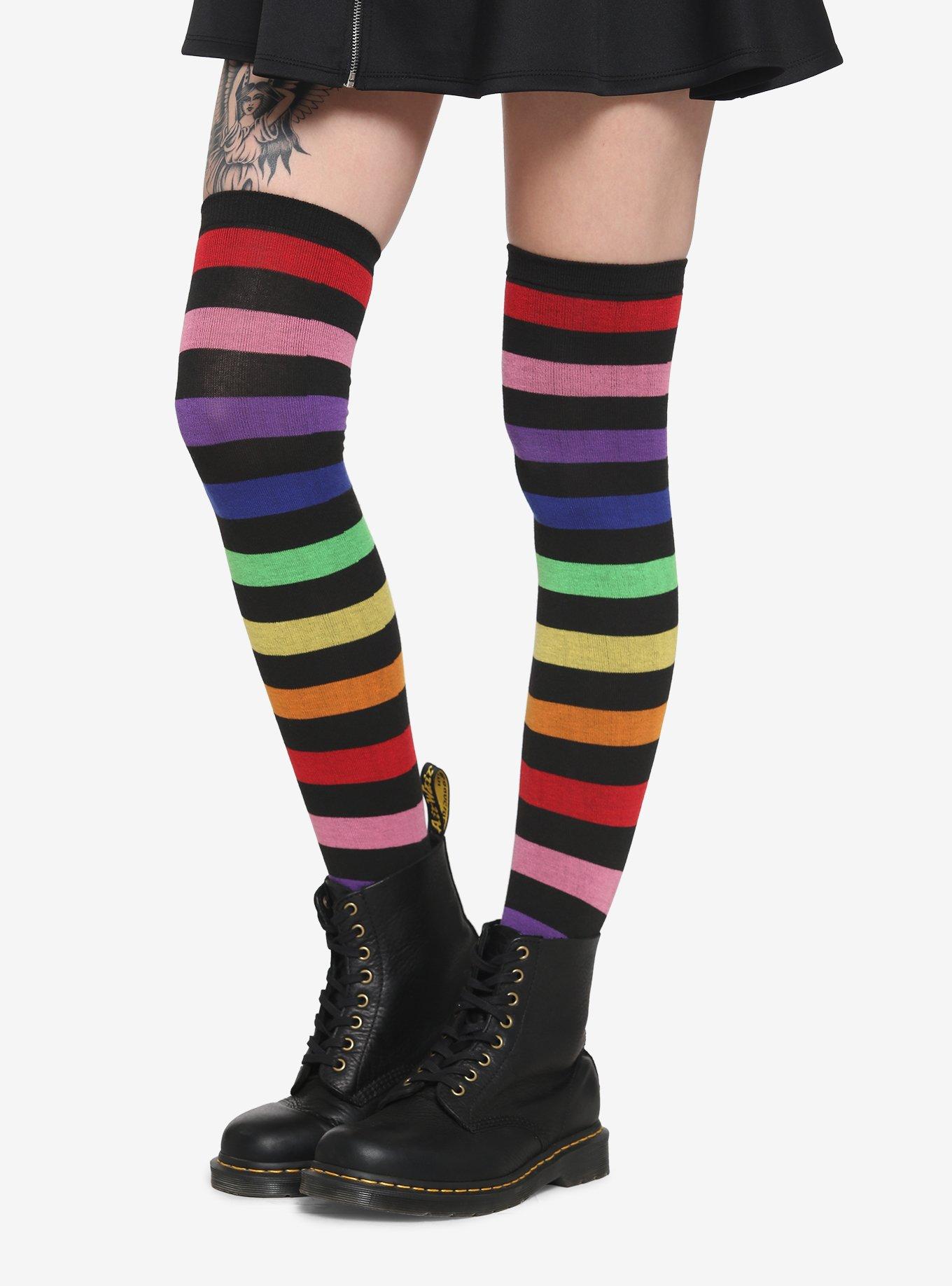 Black & Rainbow Stripe Thigh Highs, , hi-res