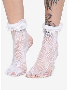 White Ruffle Butterfly Fishnet Ankle Socks, , hi-res